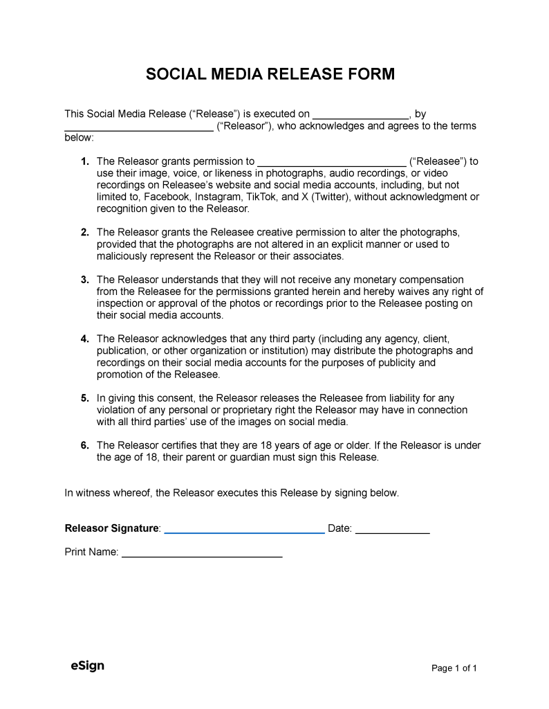 Free Social Media Release Form PDF Word