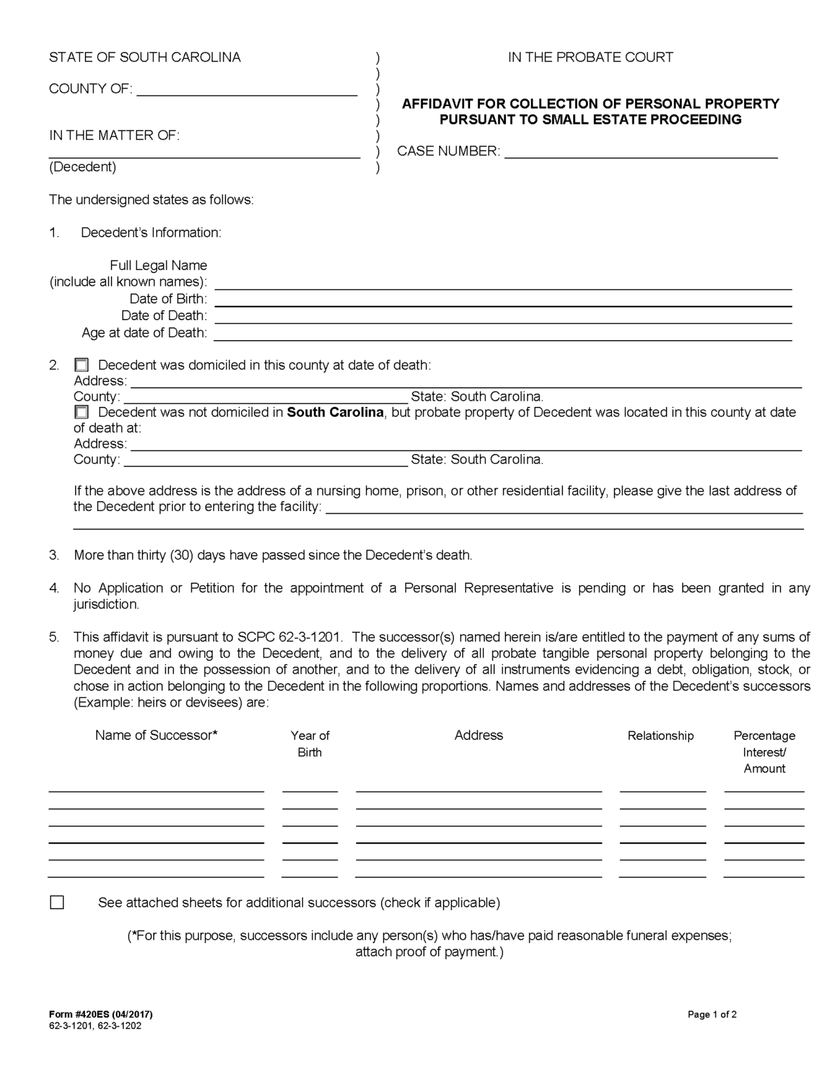 Free South Carolina Small Estate Affidavit Form | PDF