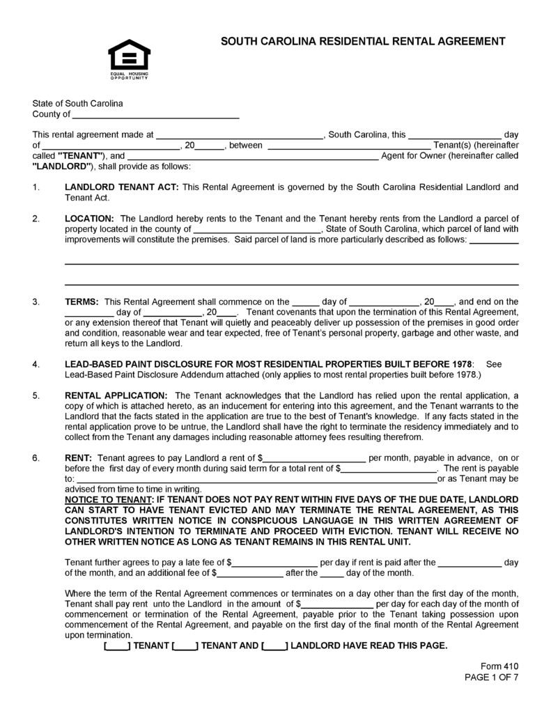 Free South Carolina Standard Residential Lease Agreement | PDF | Word