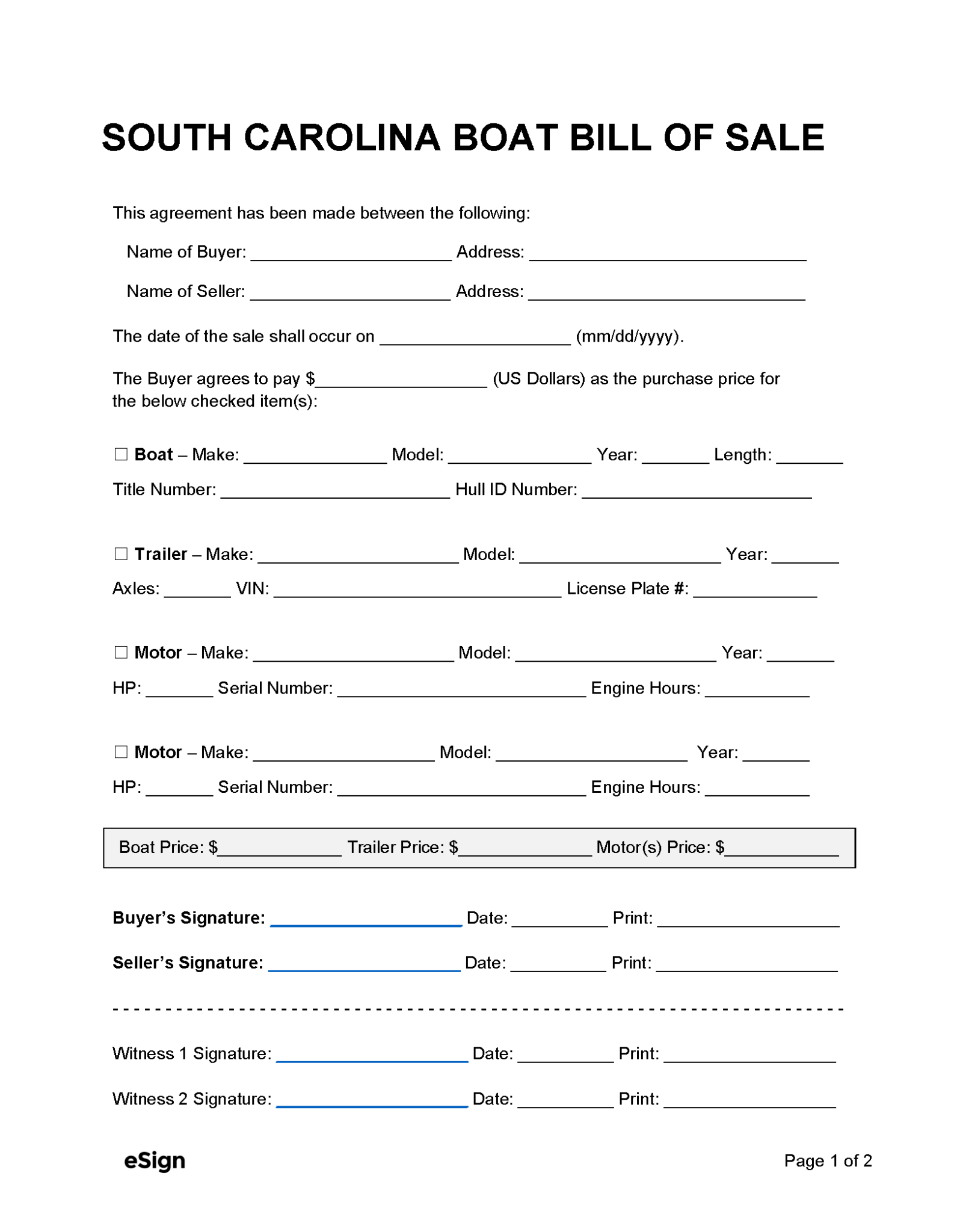 Free South Carolina Boat Bill Of Sale Form PDF Word