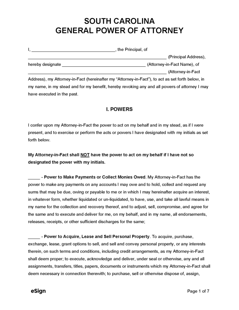 Free South Carolina Power of Attorney Forms PDF Word