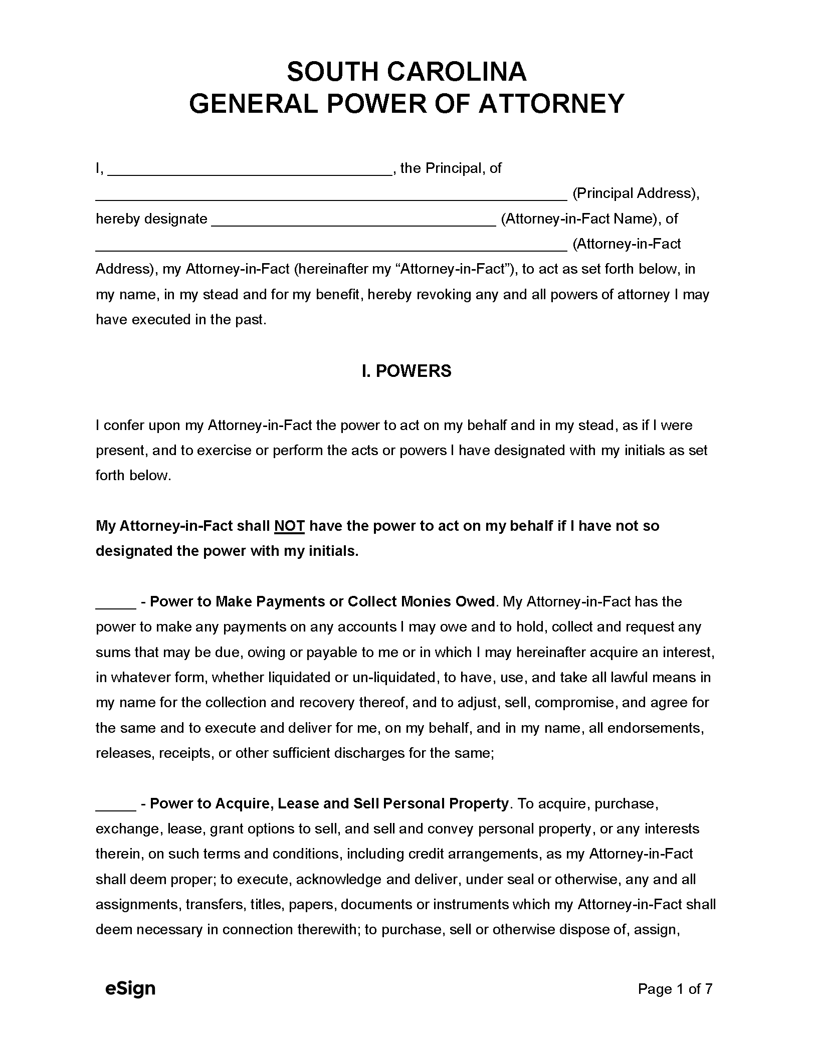 Free South Carolina General Power Of Attorney Form PDF Word