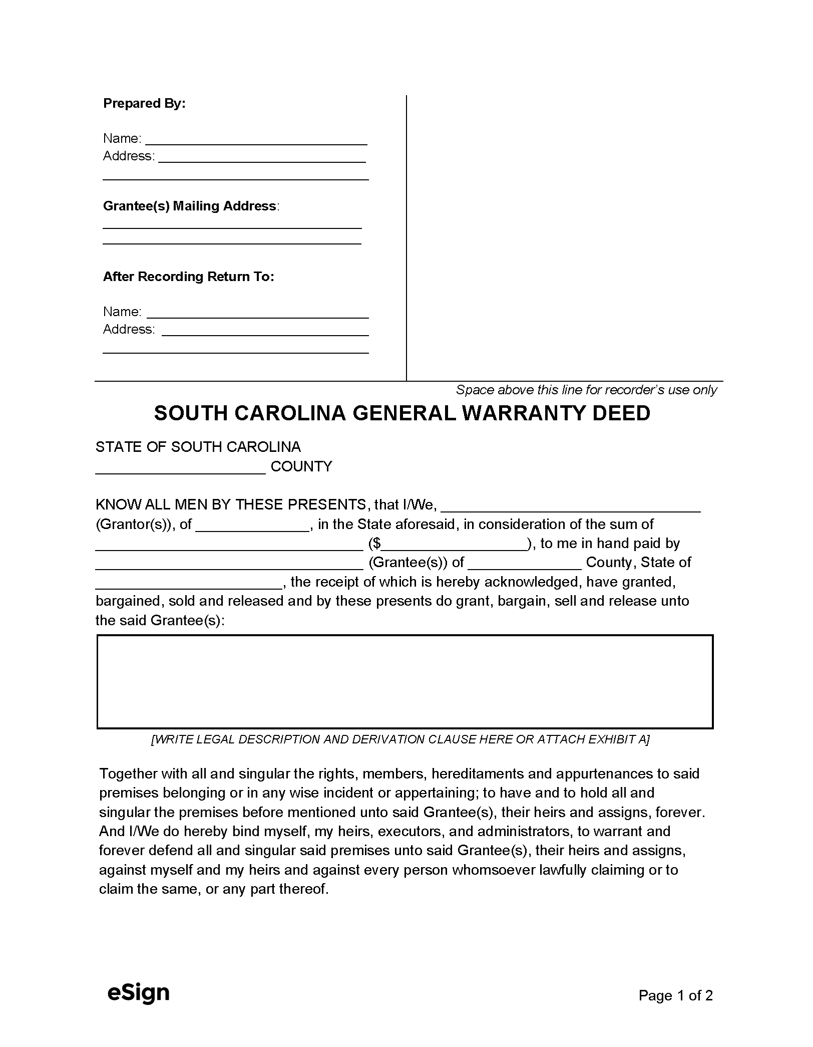 Free South Carolina General Warranty Deed Form Pdf Word 