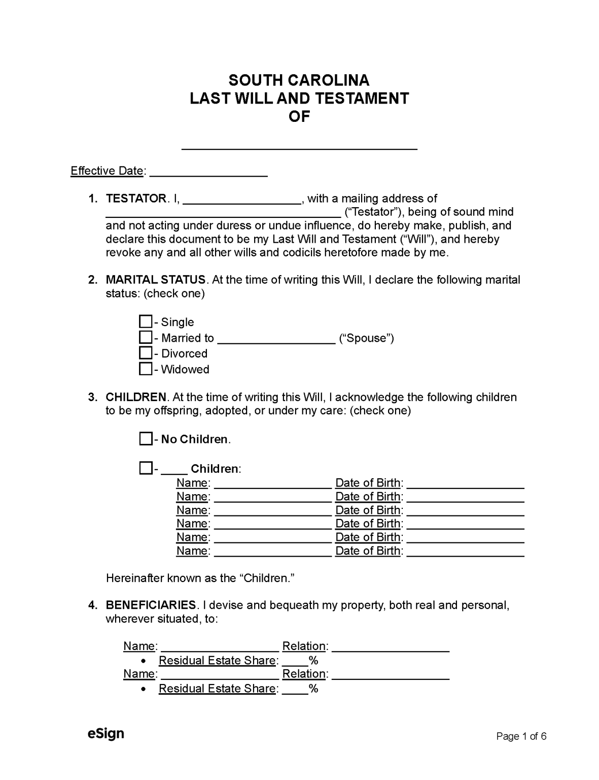 Free South Carolina Last Will and Testament Template PDF Word