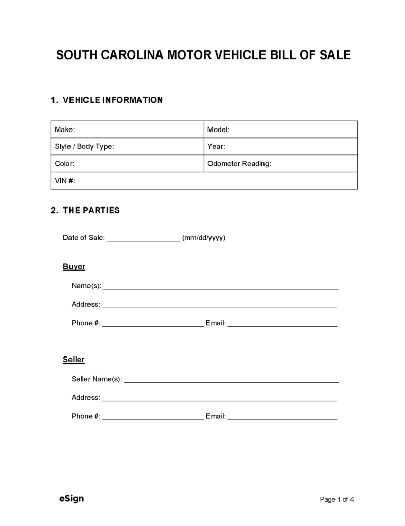 Free South Carolina Motor Vehicle Bill of Sale Form PDF Word