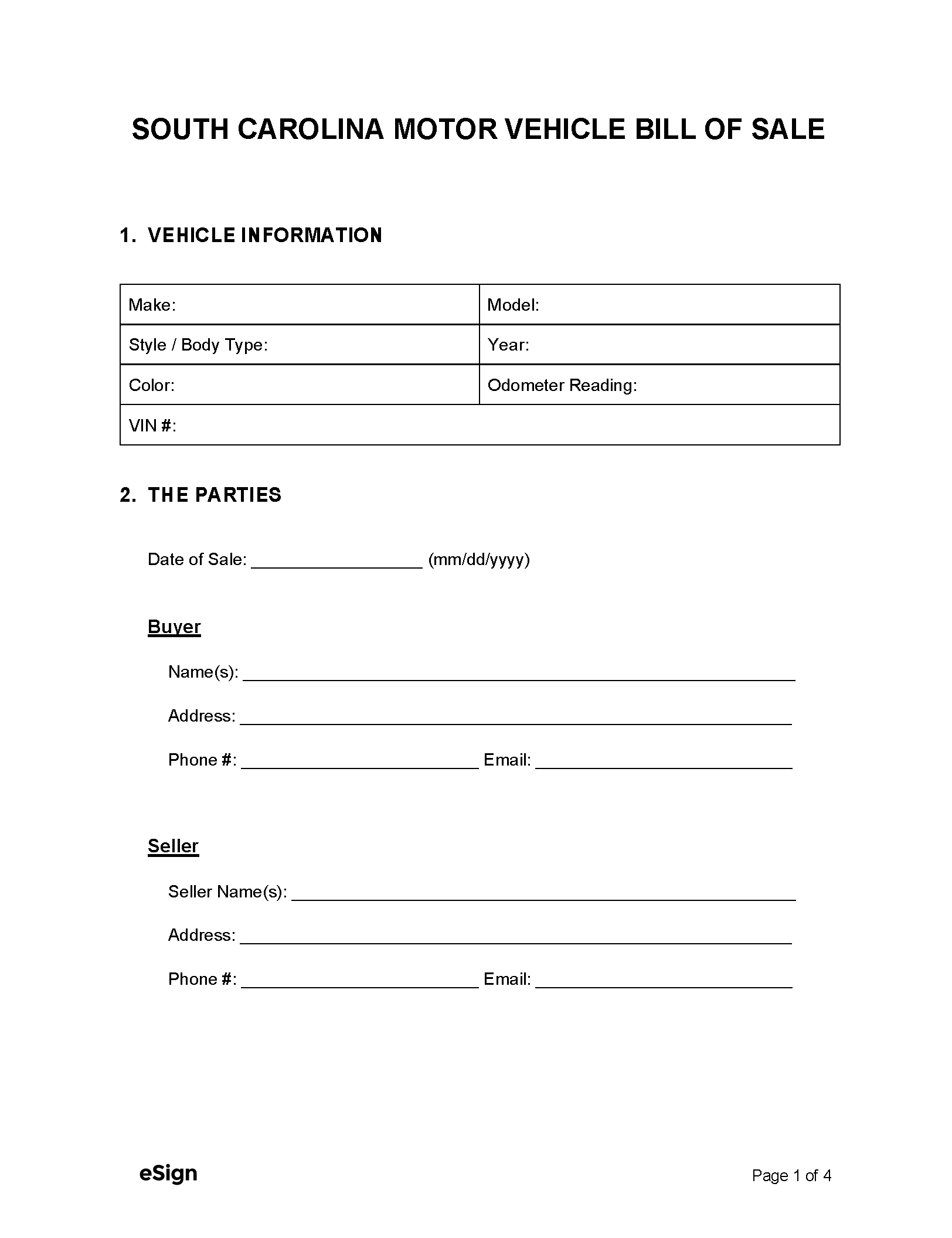 Free South Carolina Motor Vehicle Bill Of Sale Form PDF Word