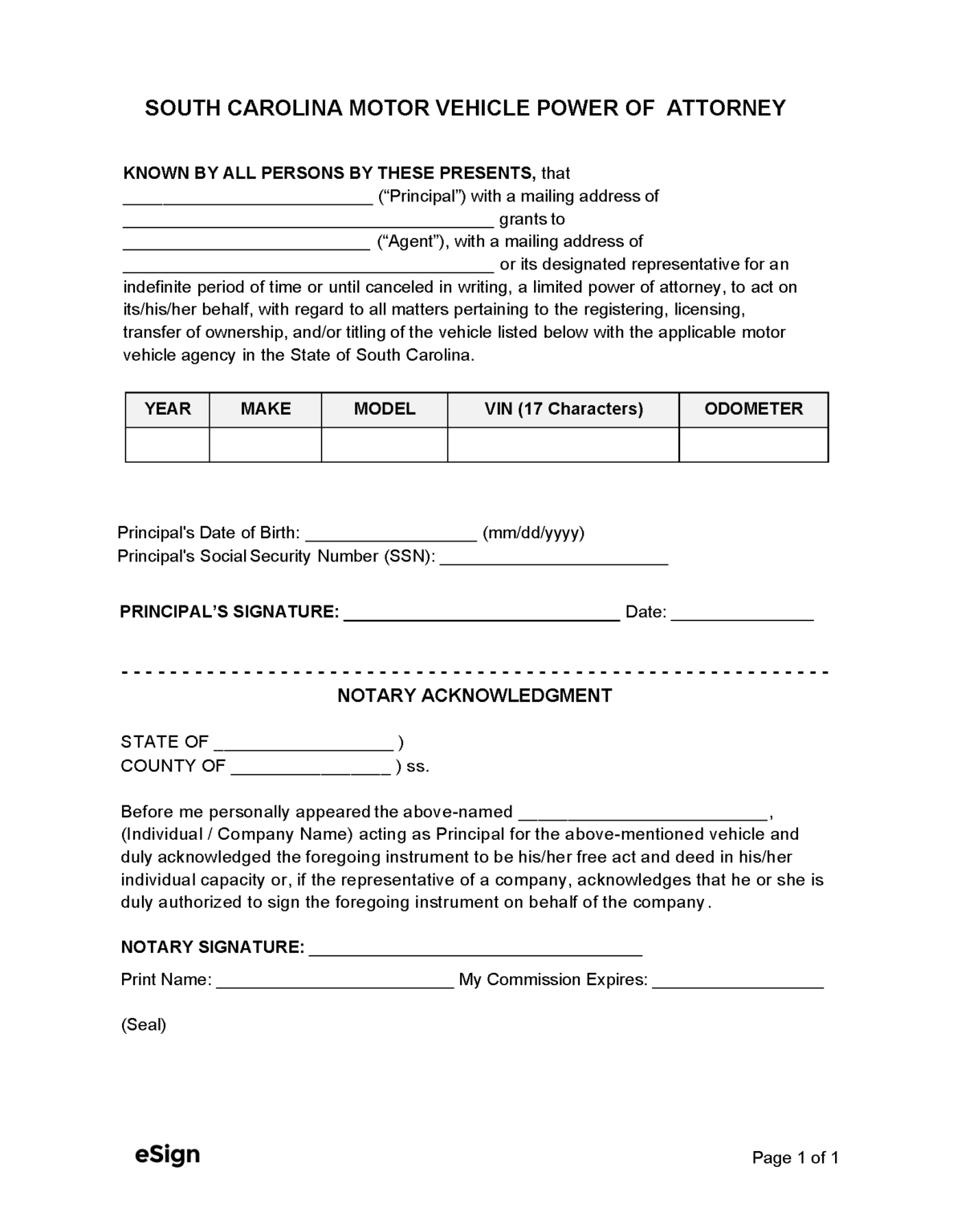 Free south carolina motor vehicle dmv power of attorney form pdf word