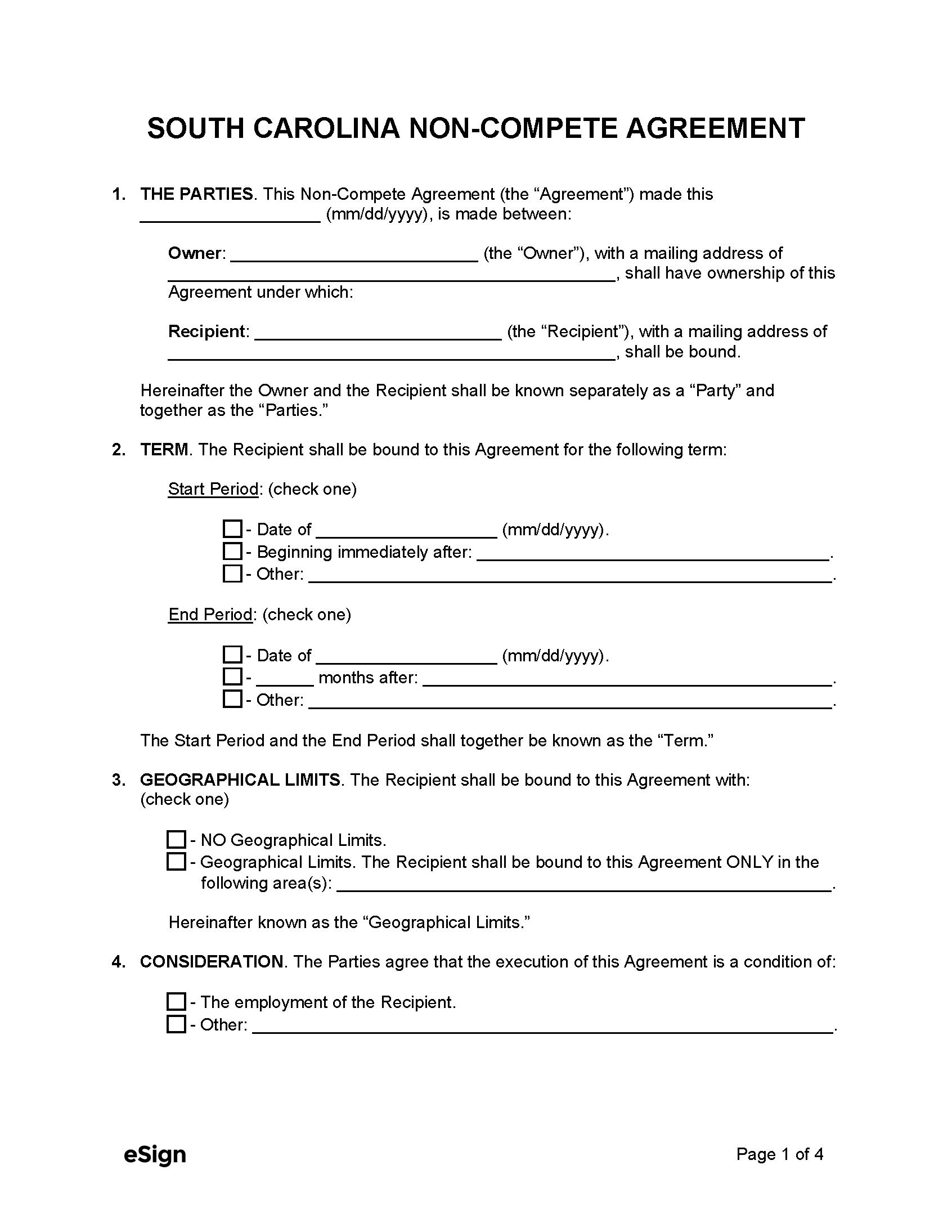 Free South Carolina Non Compete Agreement Template PDF Word