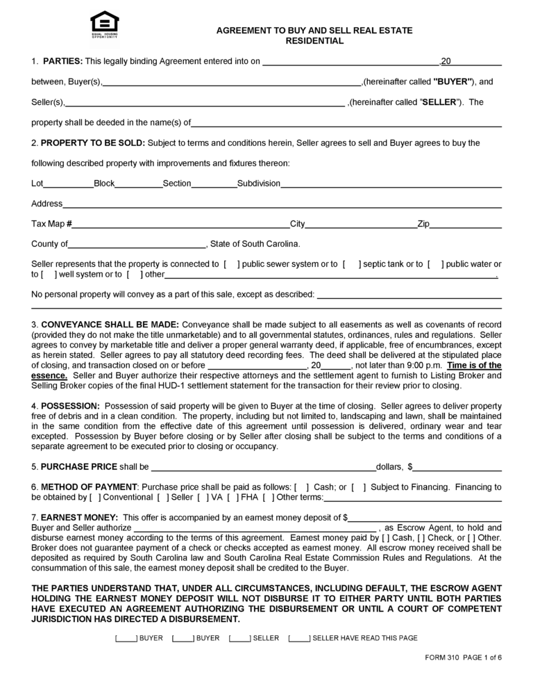 Free South Carolina Residential Purchase and Sale Agreement PDF Word