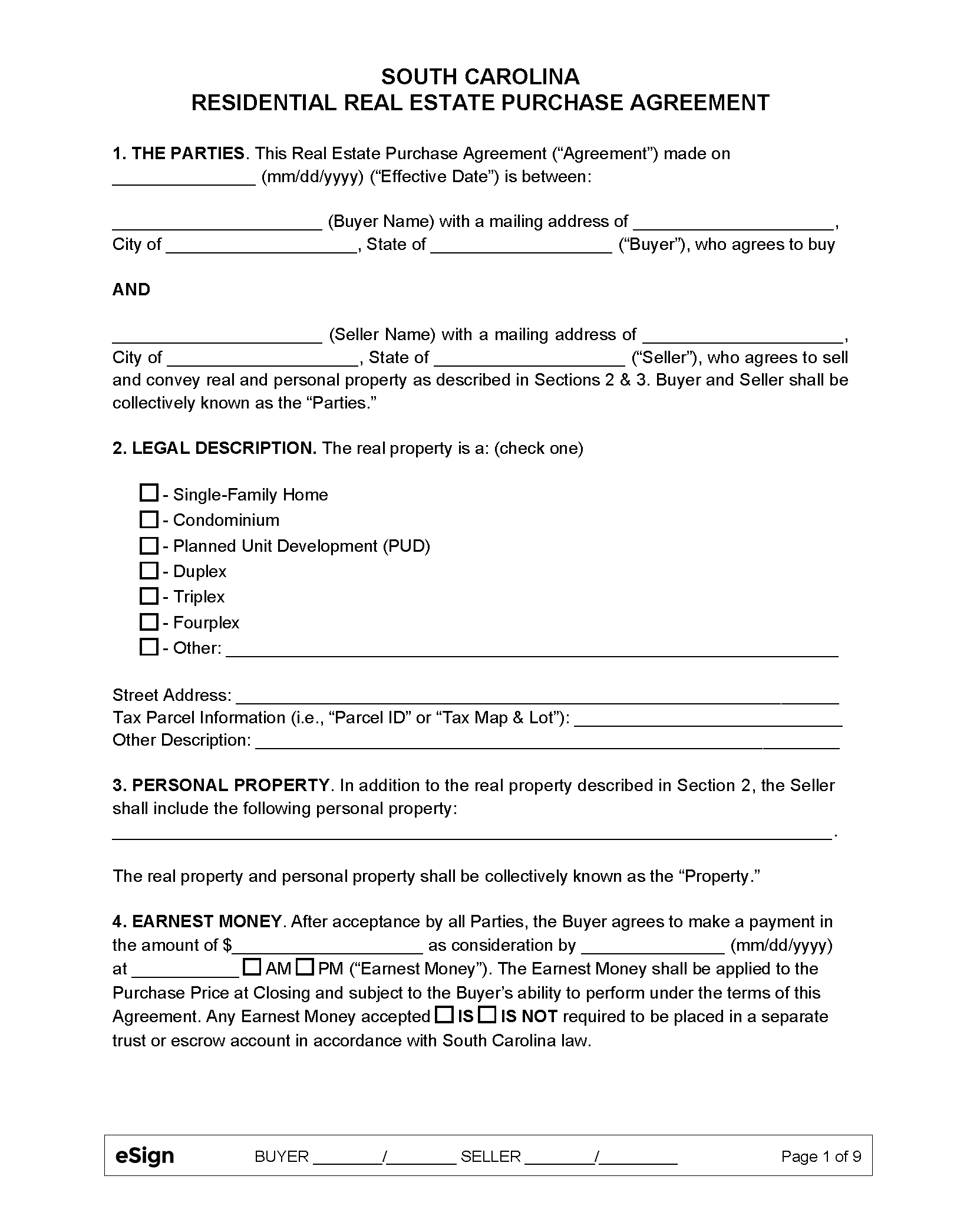 Free South Carolina Residential Purchase and Sale Agreement PDF Word