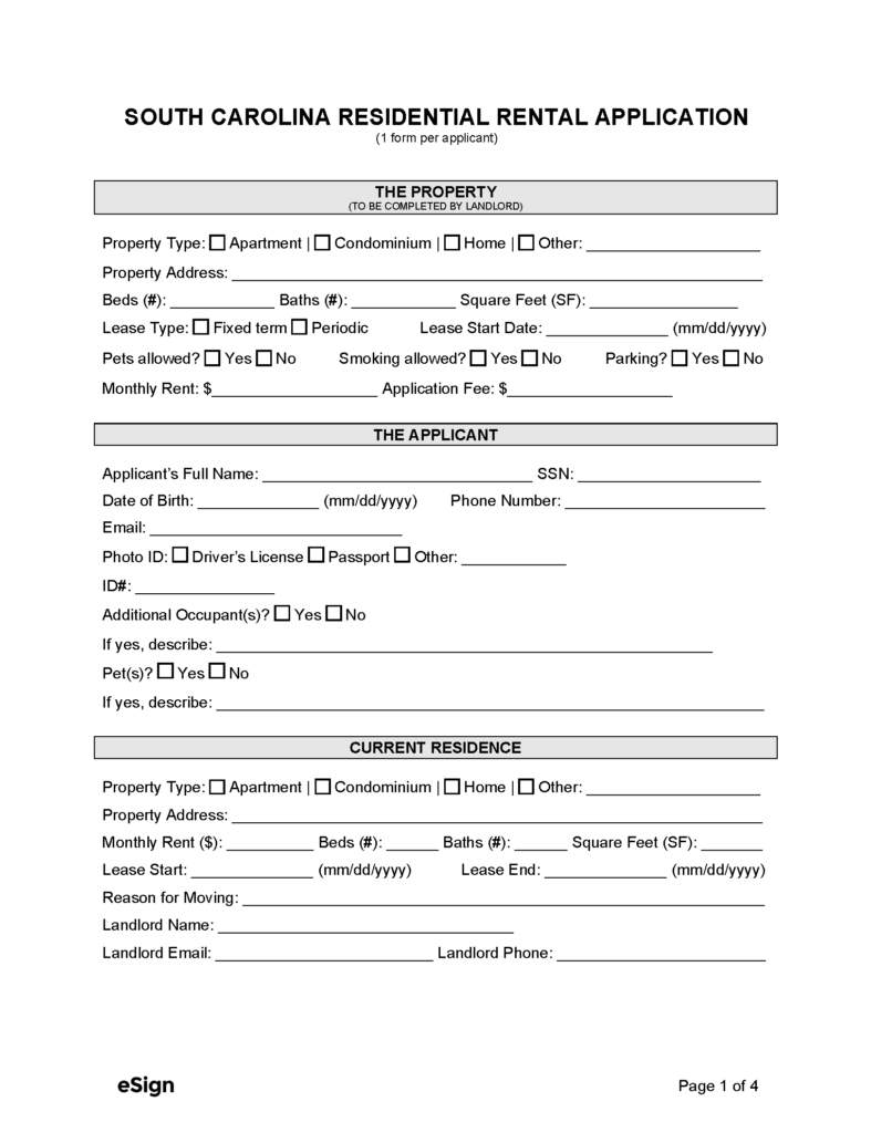 Free south carolina rental application form template pdf word