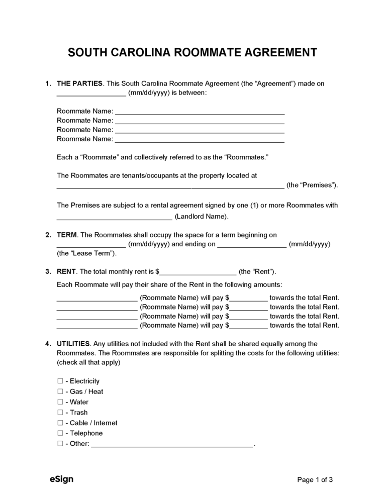 Free South Carolina Roommate Agreement Template PDF Word