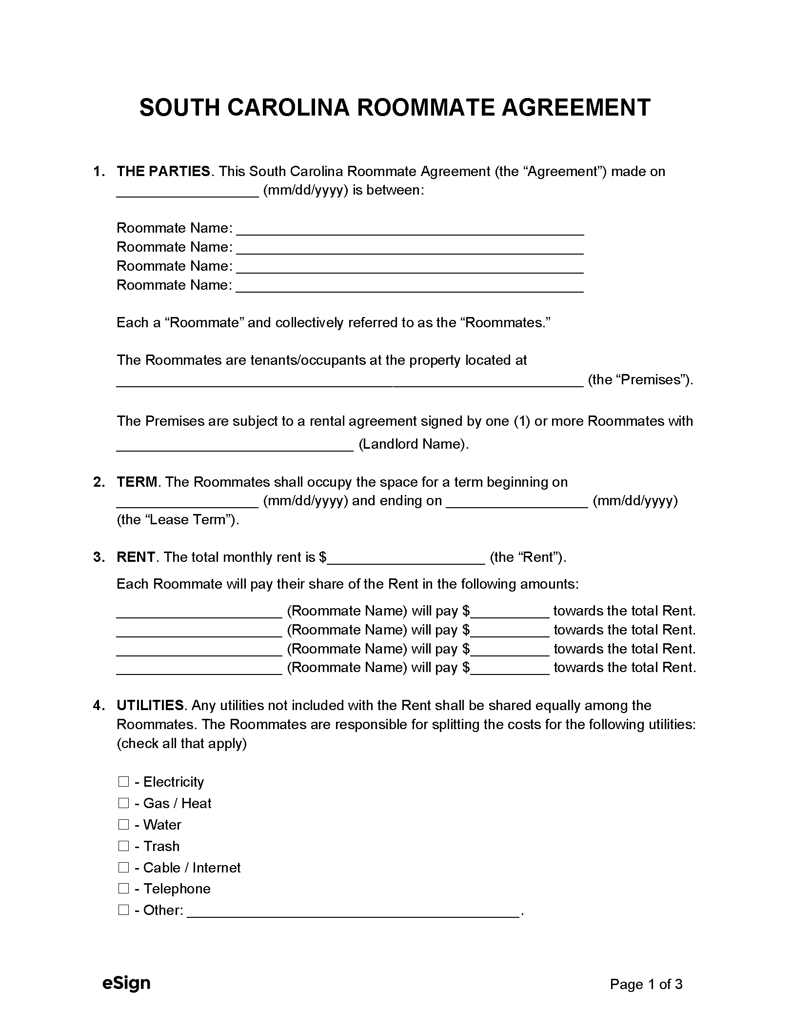 Free South Carolina Roommate Agreement Template - PDF  Word Within free roommate lease agreement template