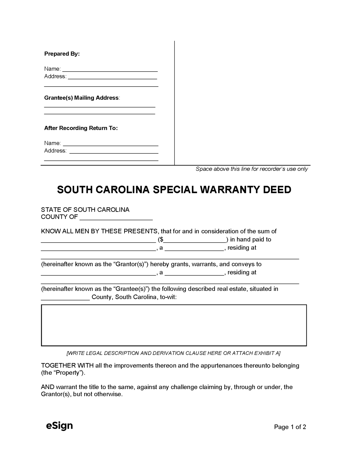 Free South Carolina Special Warranty Deed Form | PDF | Word