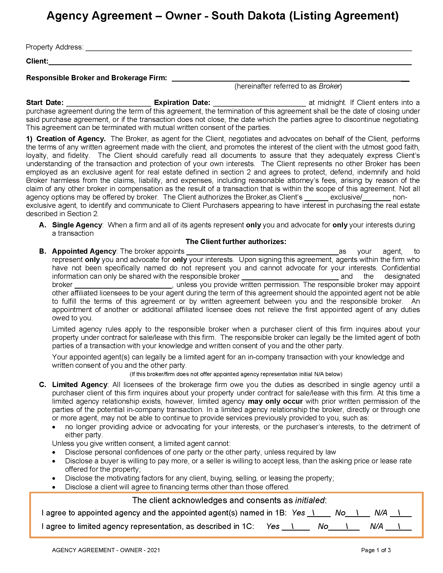 Free South Dakota Real Estate Listing Agreement PDF Word