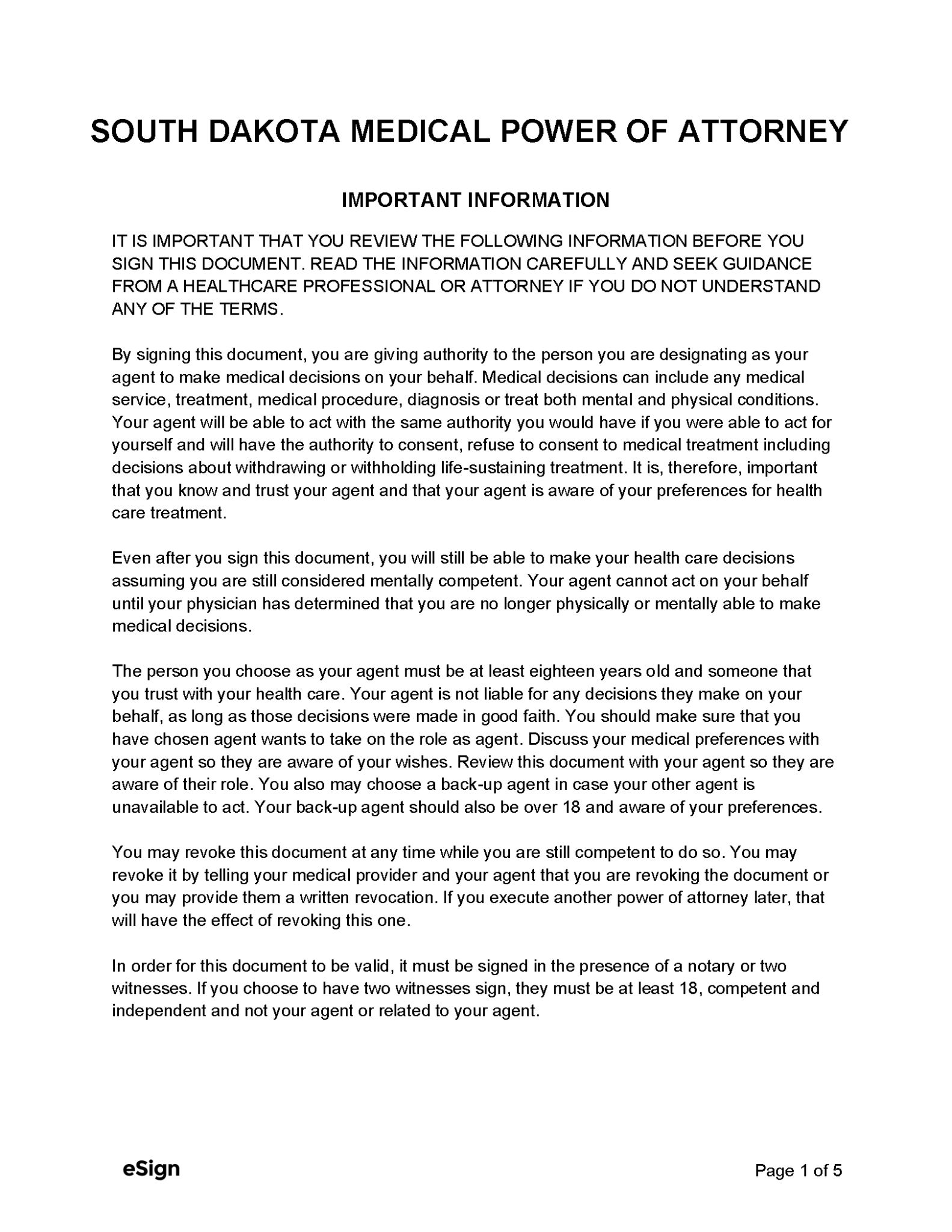 Free South Dakota Medical Power of Attorney Form PDF