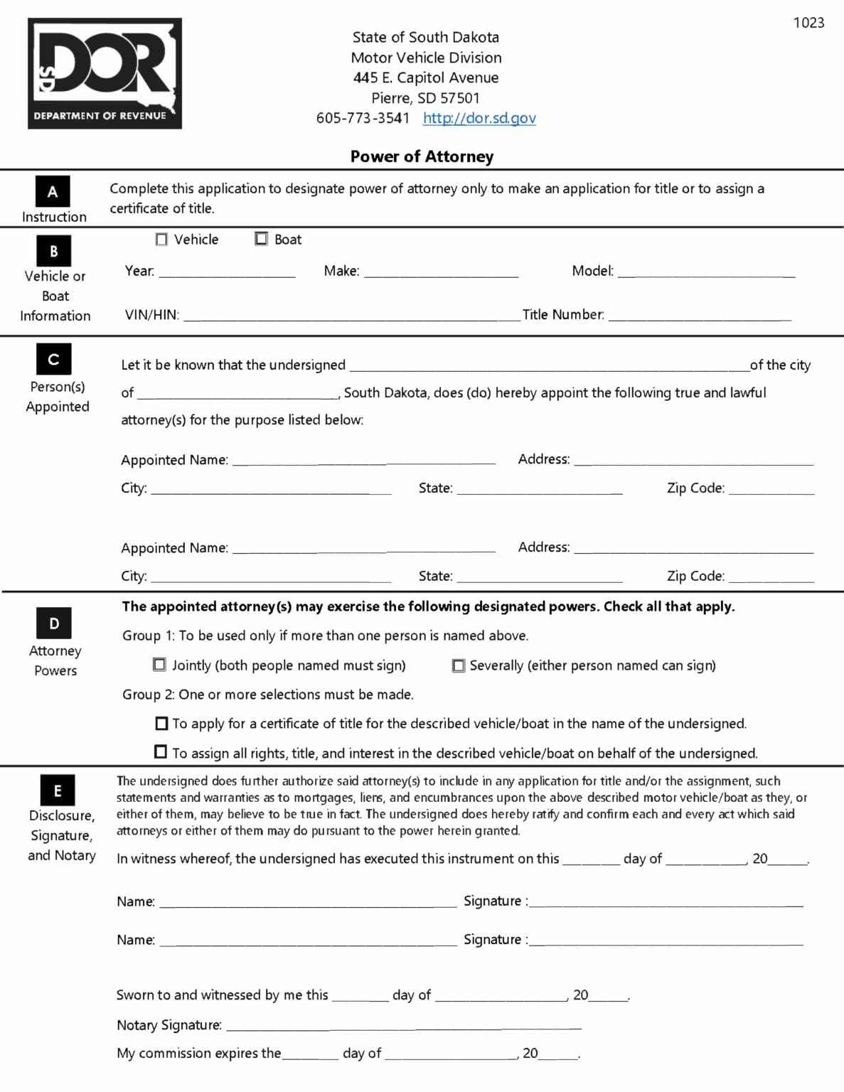 Free South Dakota Motor Vehicle Power of Attorney (Form 1023) PDF