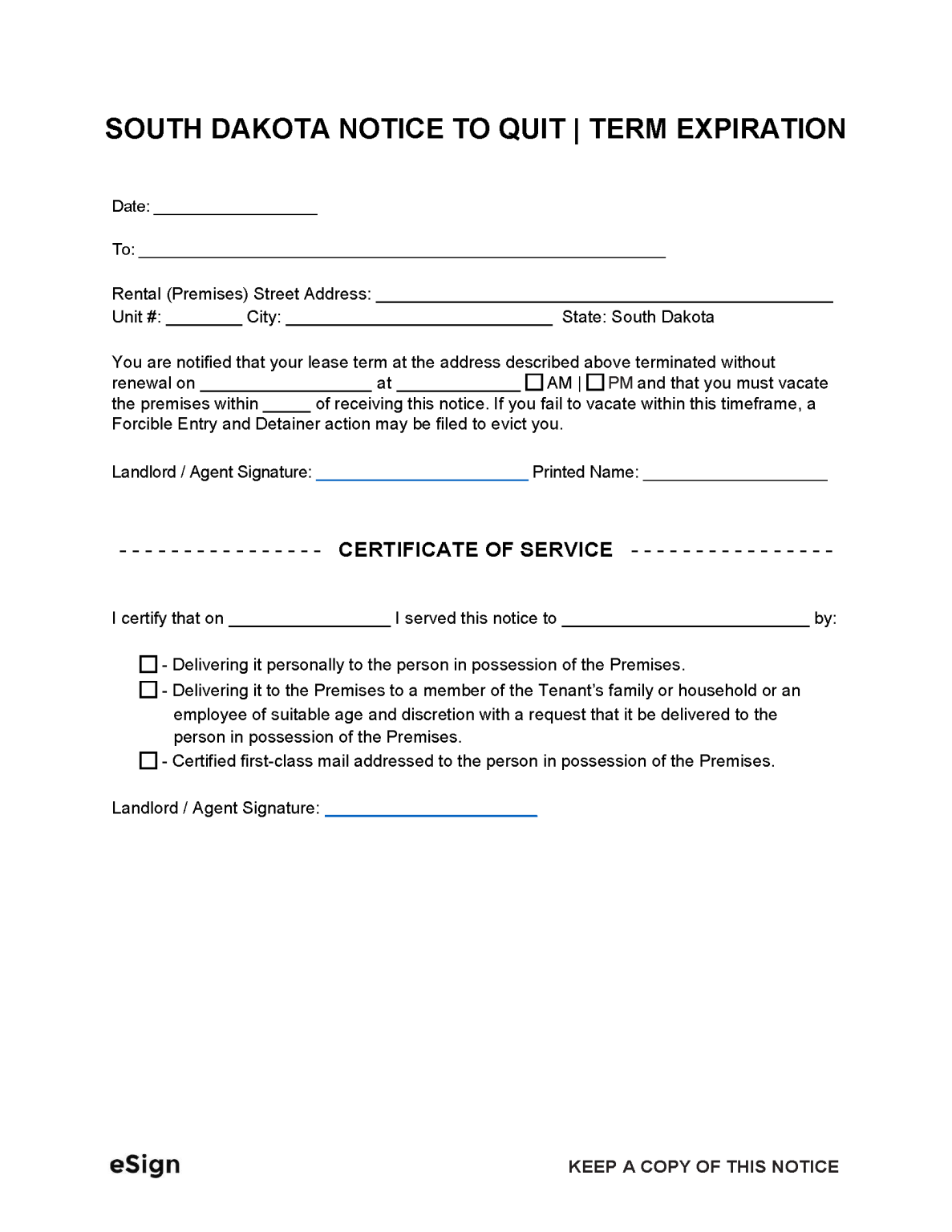 Free South Dakota 1Month Notice to Quit Lease Termination Letter