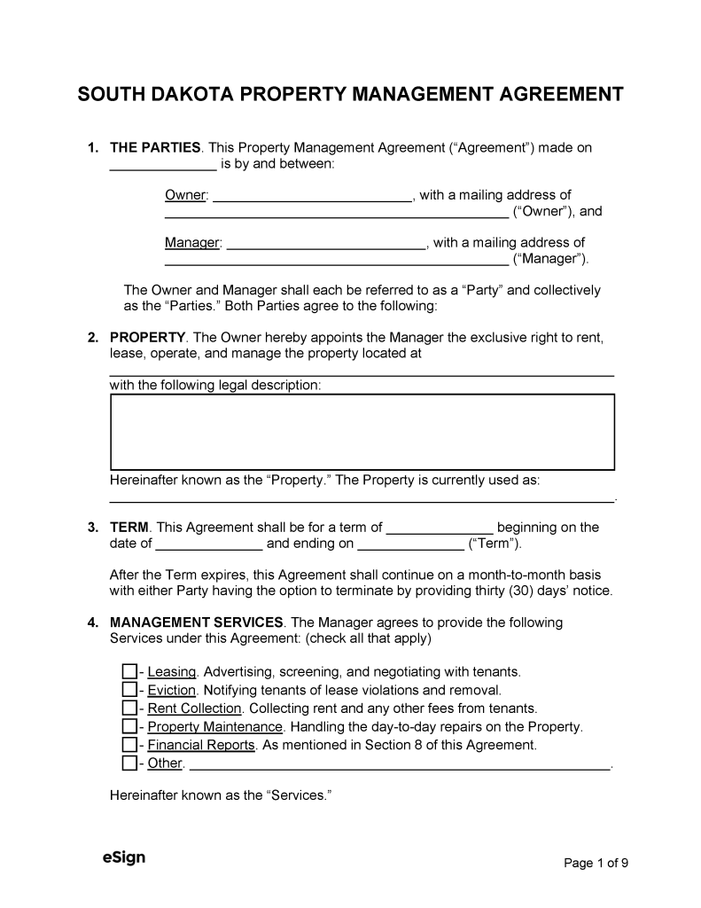Free South Dakota Property Management Agreement PDF Word