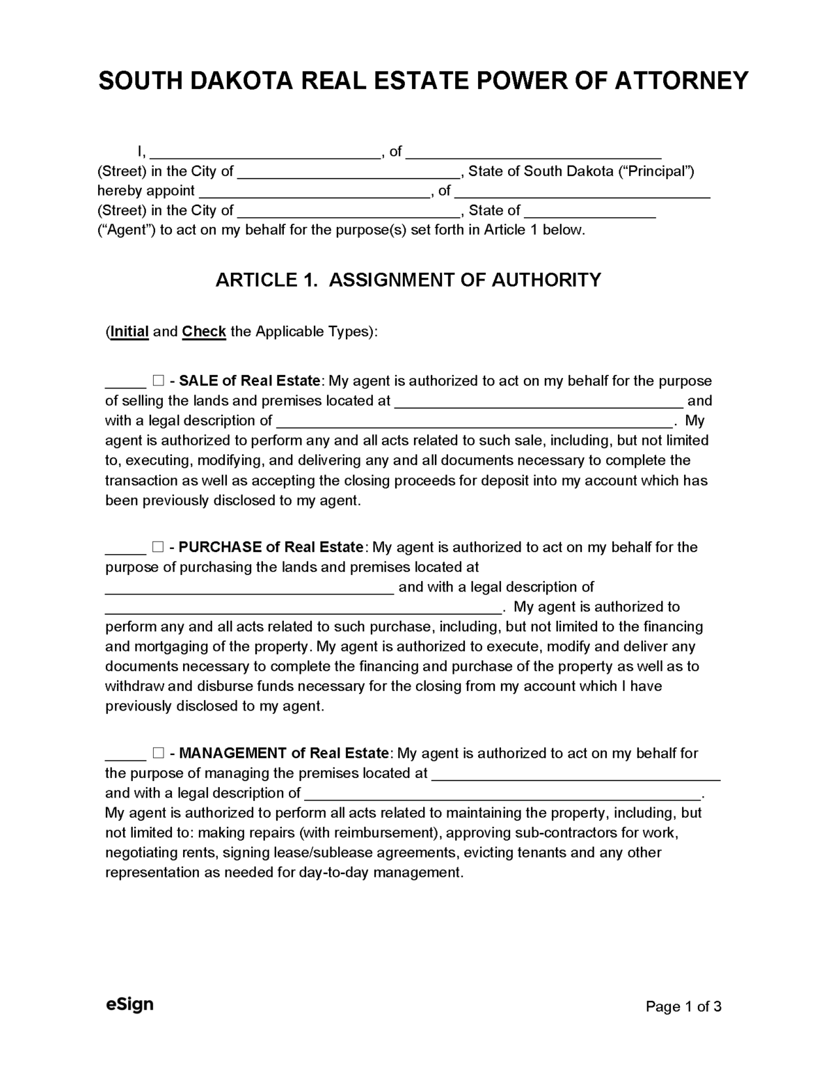 Free South Dakota Real Estate Power of Attorney Form PDF Word