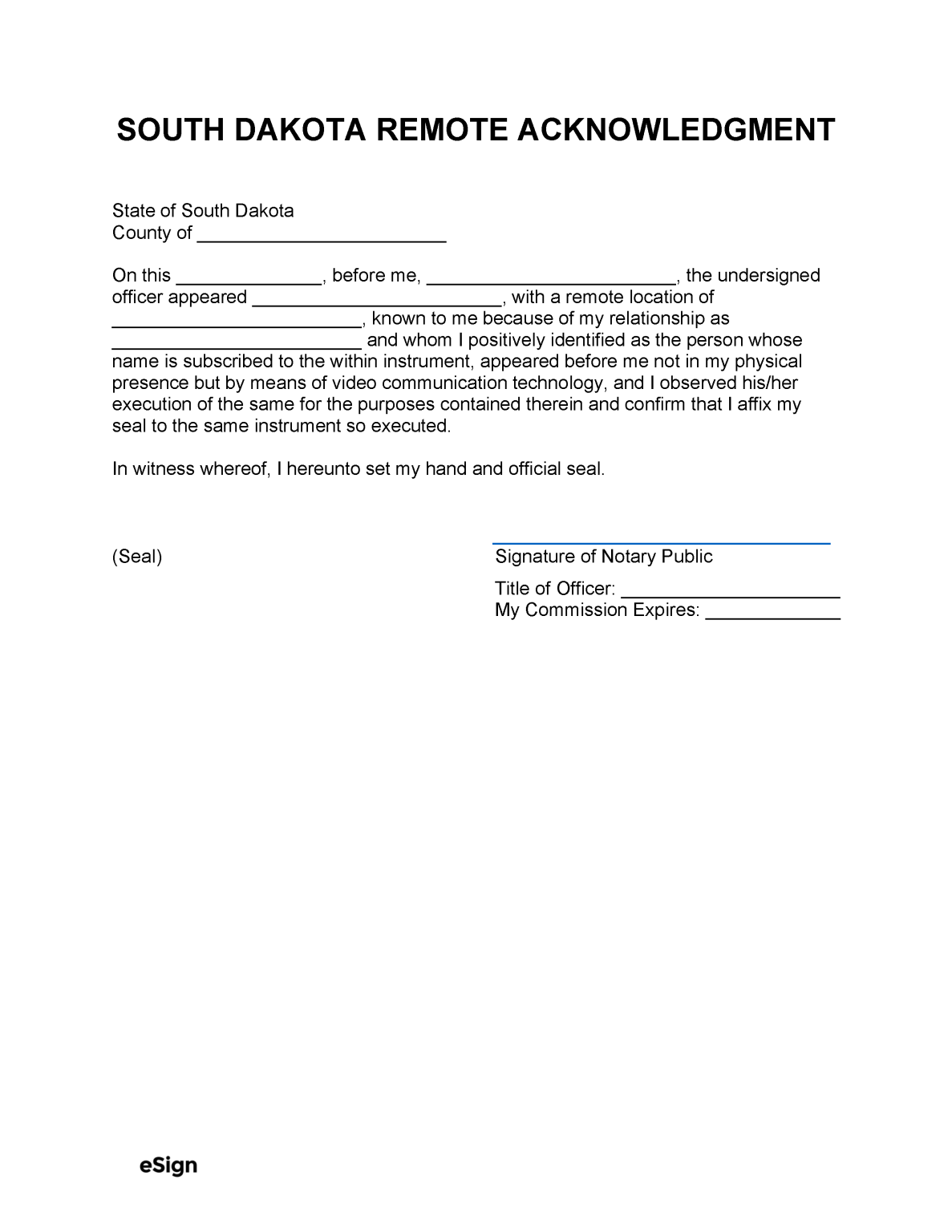 Free South Dakota Notary Acknowledgment Form PDF Word