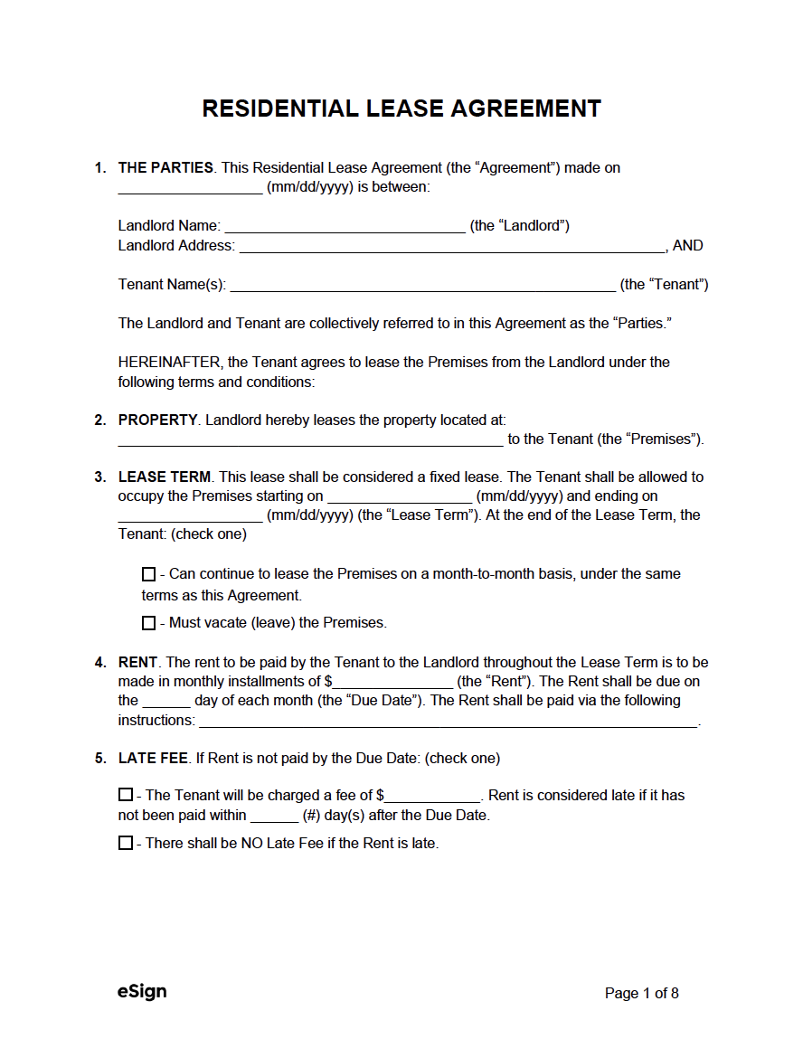 Basic Residential Lease Agreement Printable