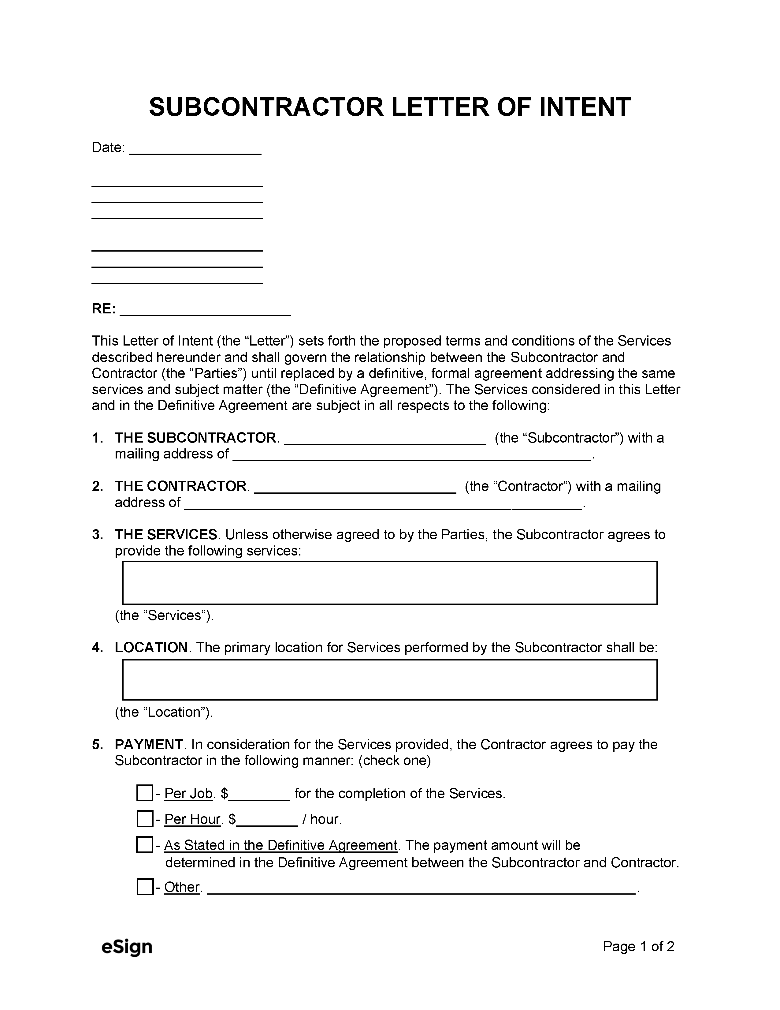 Free Subcontractor Letter Of Intent Template Pdf Word