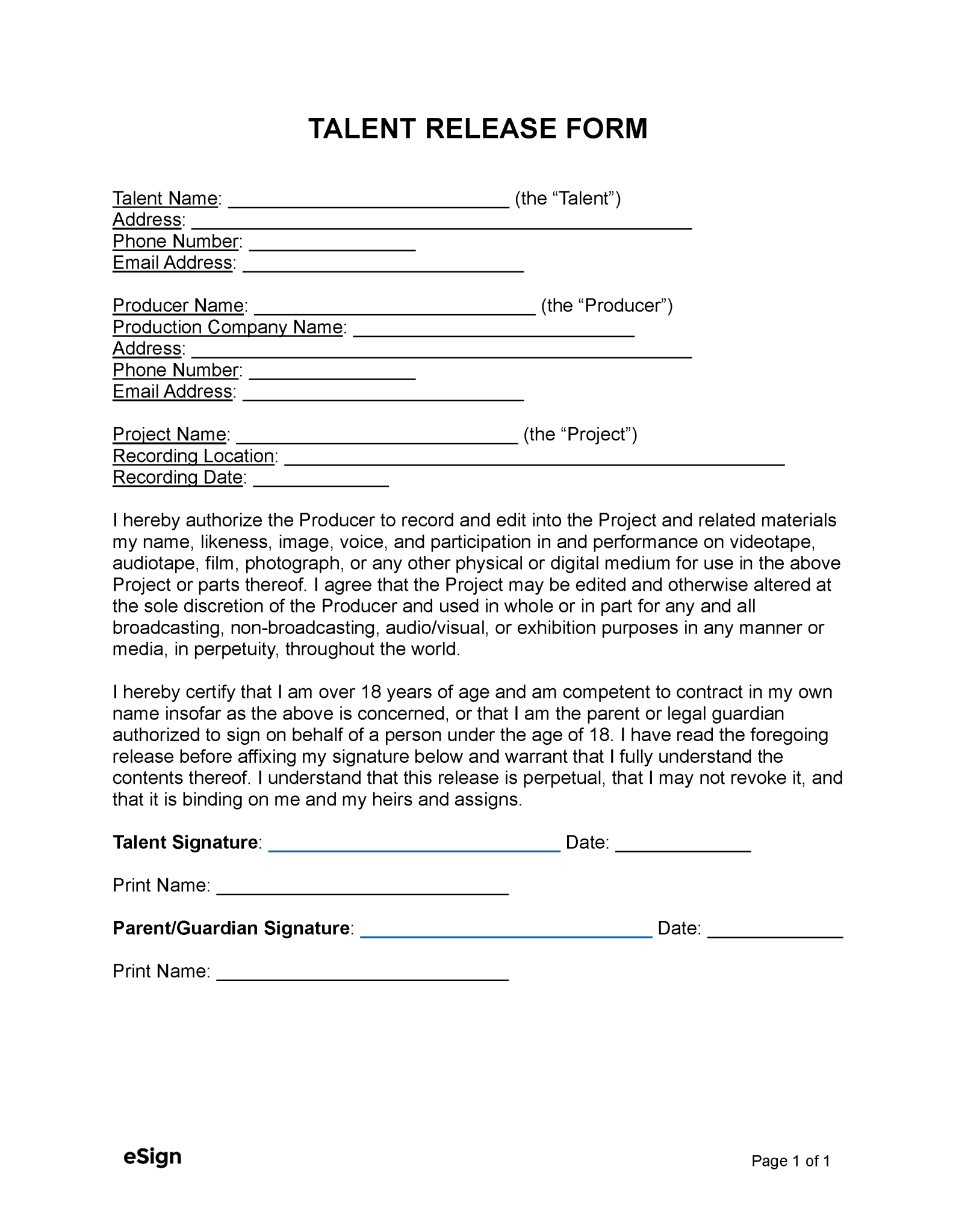 Free Talent Release Form PDF Word Free Talent Release Form PDF Word
