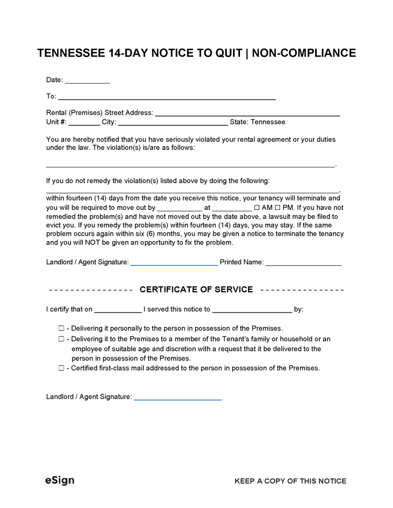 Free Tennessee Eviction Notice Templates Laws PDF Word