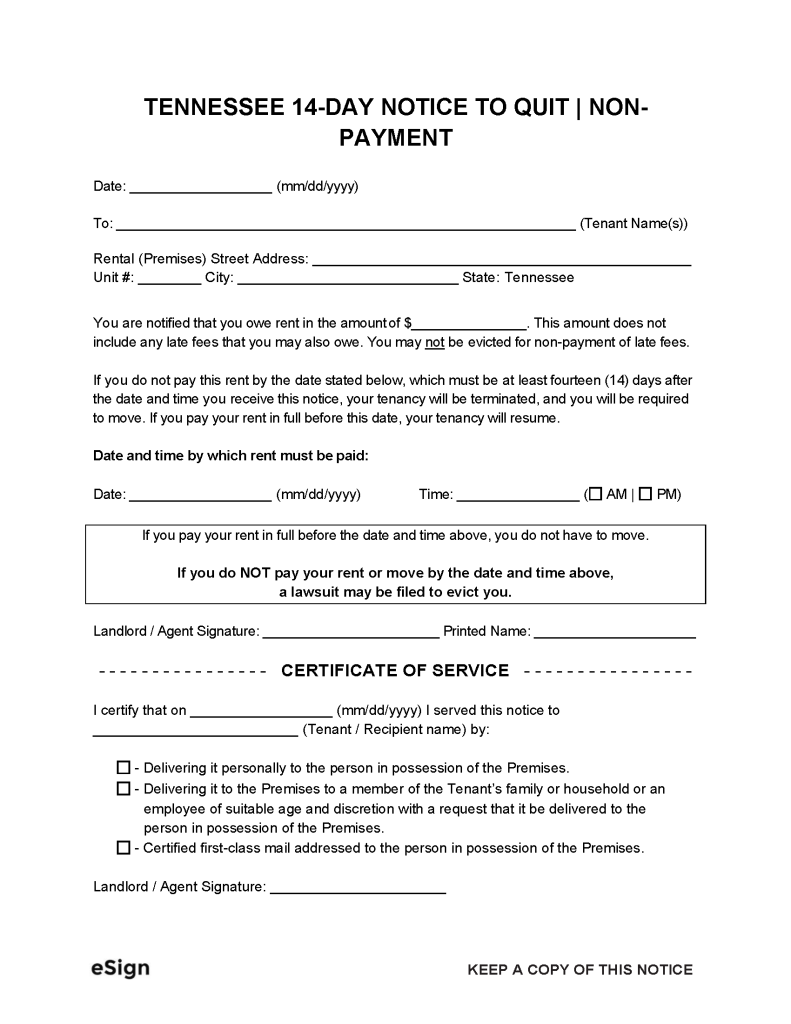 Free Tennessee Eviction Notice Templates Laws PDF Word