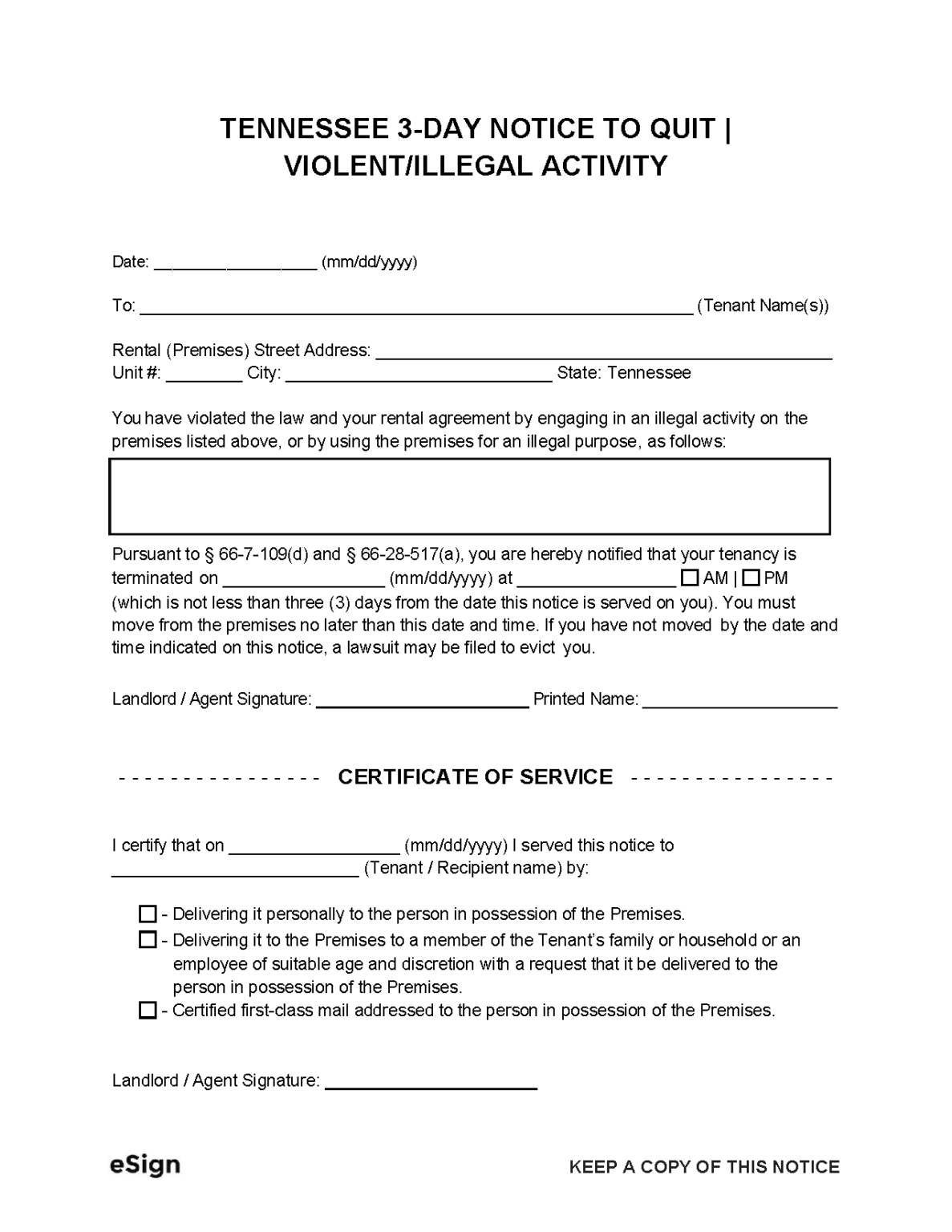 Free Tennessee Eviction Notice Templates Laws PDF Word