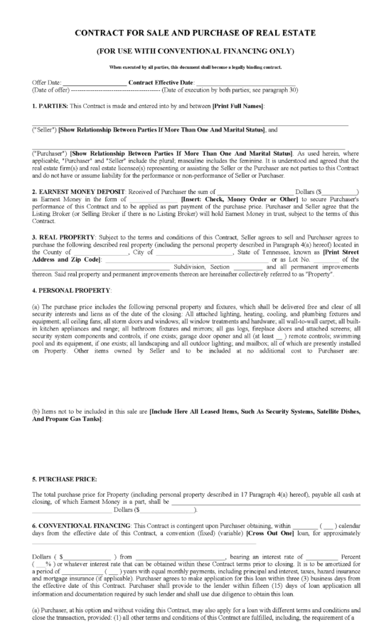 Free Tennessee Residential Purchase and Sale Agreement PDF Word