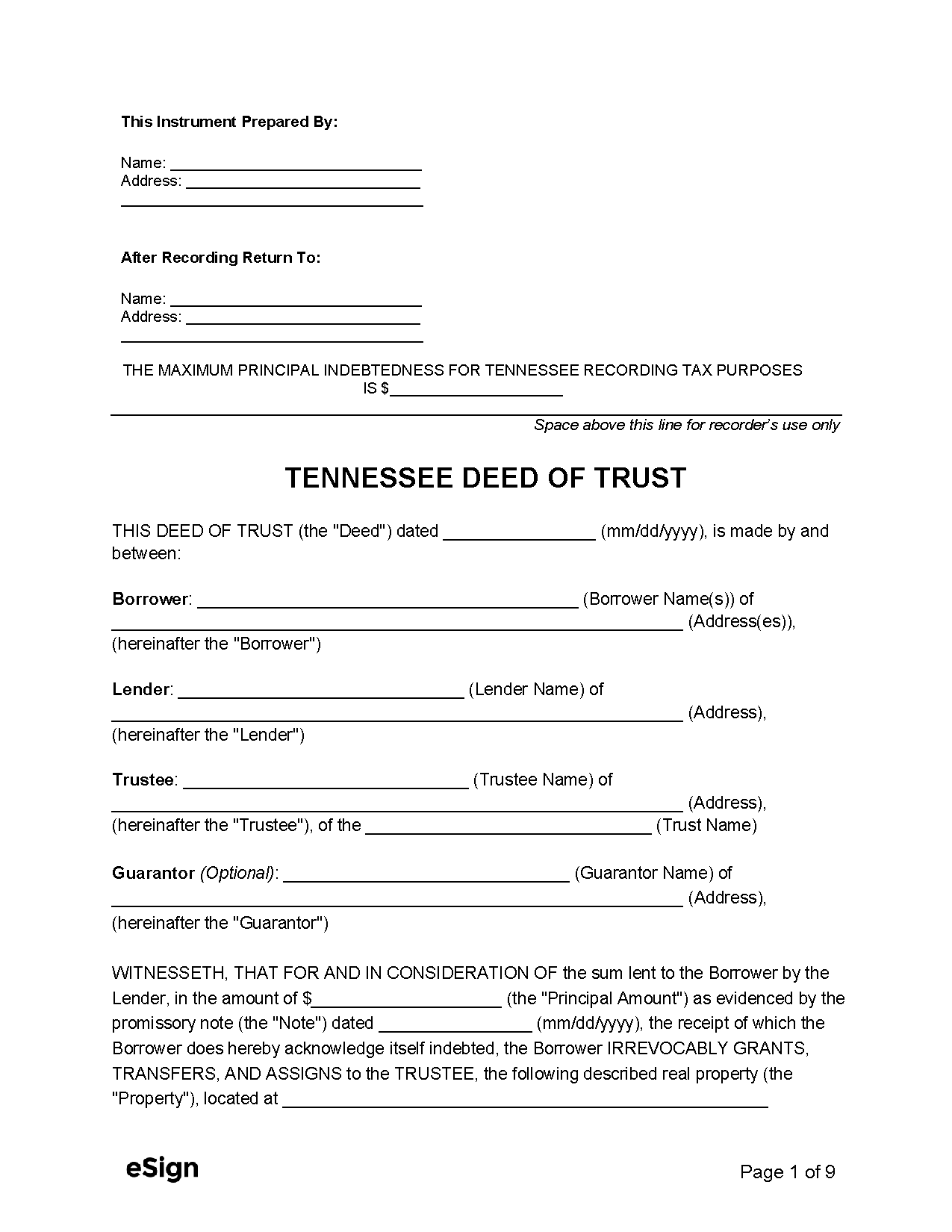 Free Tennessee Deed of Trust Form PDF Word