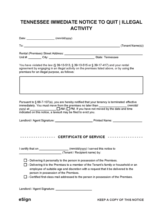 Free Tennessee Eviction Notice Templates 8 PDF Word   Tennessee Immediate Notice To Quit For Illegal Activity 550x712 