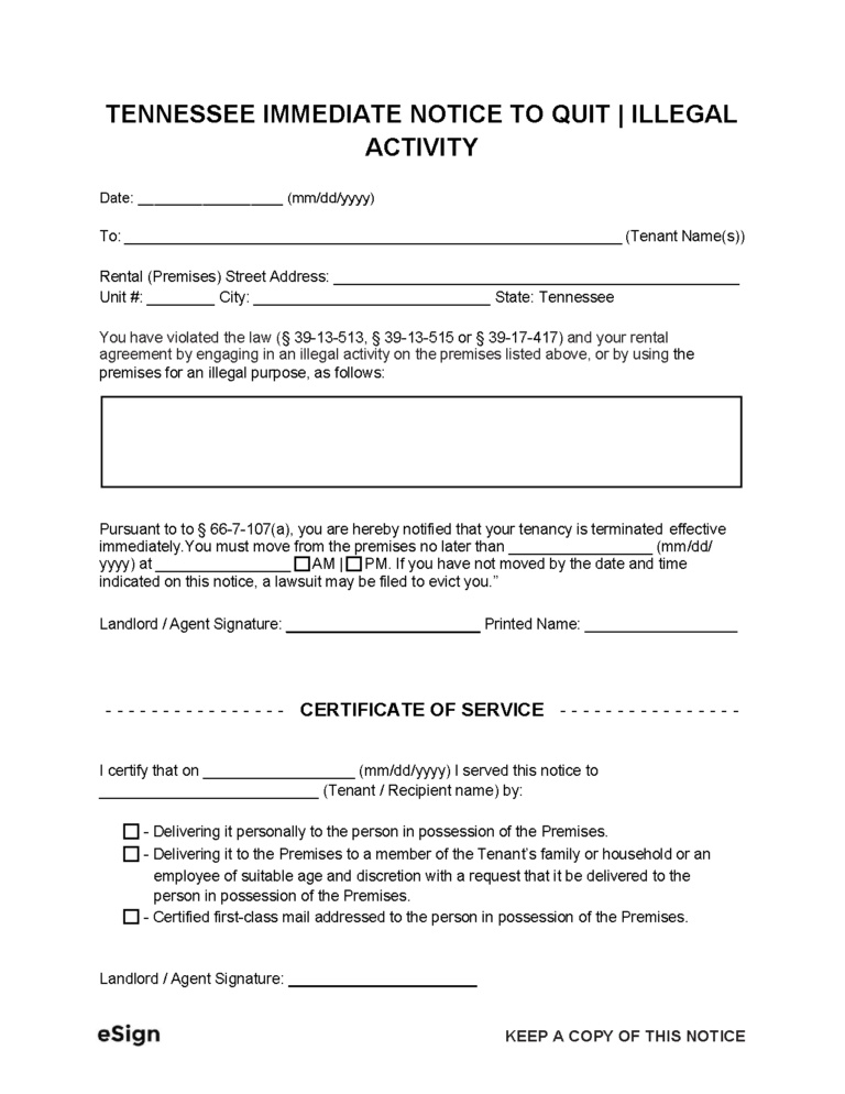 Free Tennessee Eviction Notice Templates Laws PDF Word
