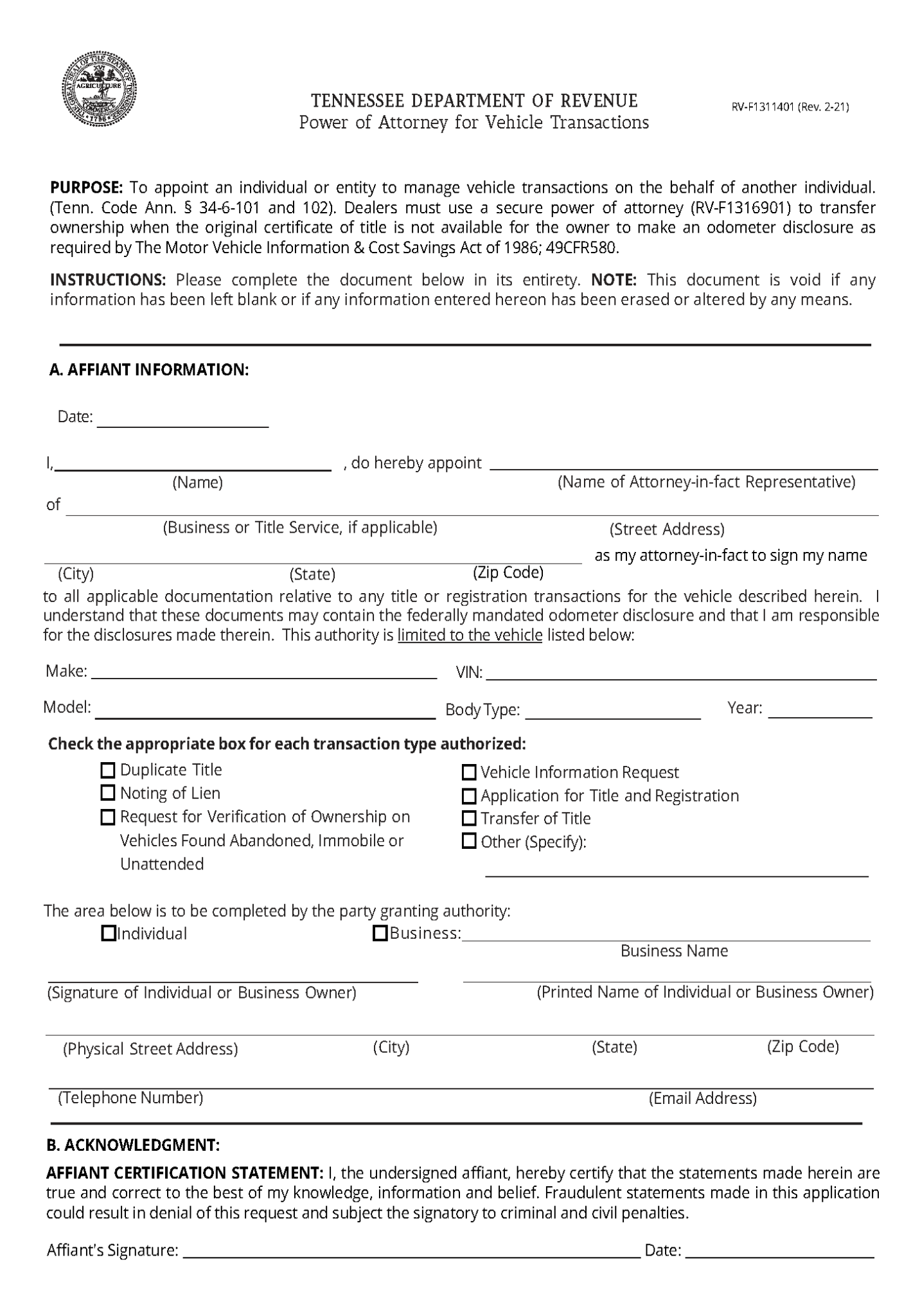 Free Tennessee Motor Vehicle Power of Attorney (Form RVF1311401) PDF