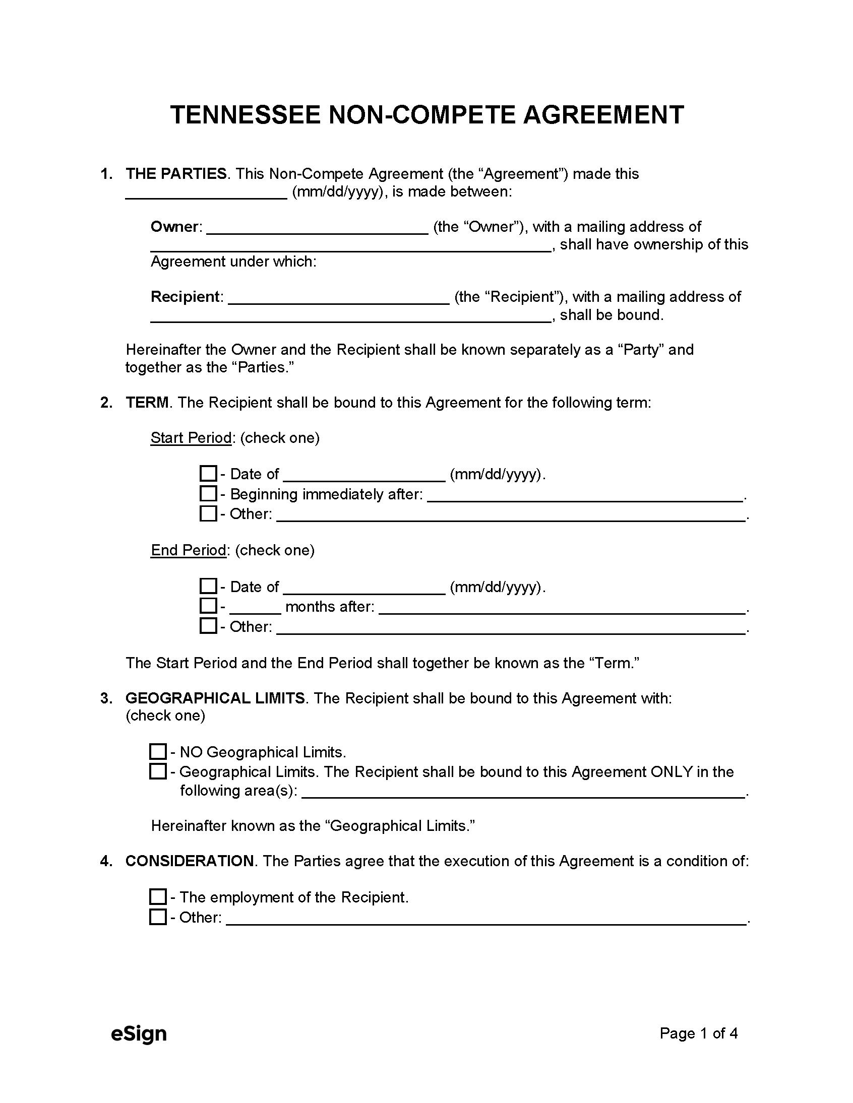 Free Tennessee Non Compete Agreement Template PDF Word