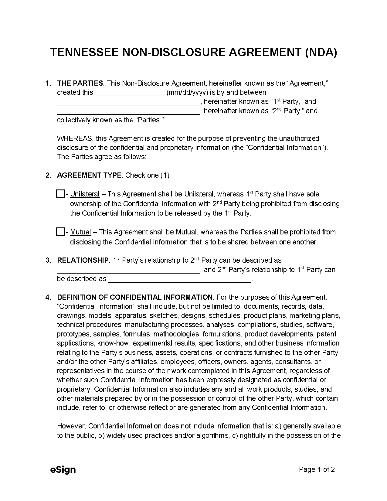 Free Tennessee Non Disclosure Agreement Template PDF Word