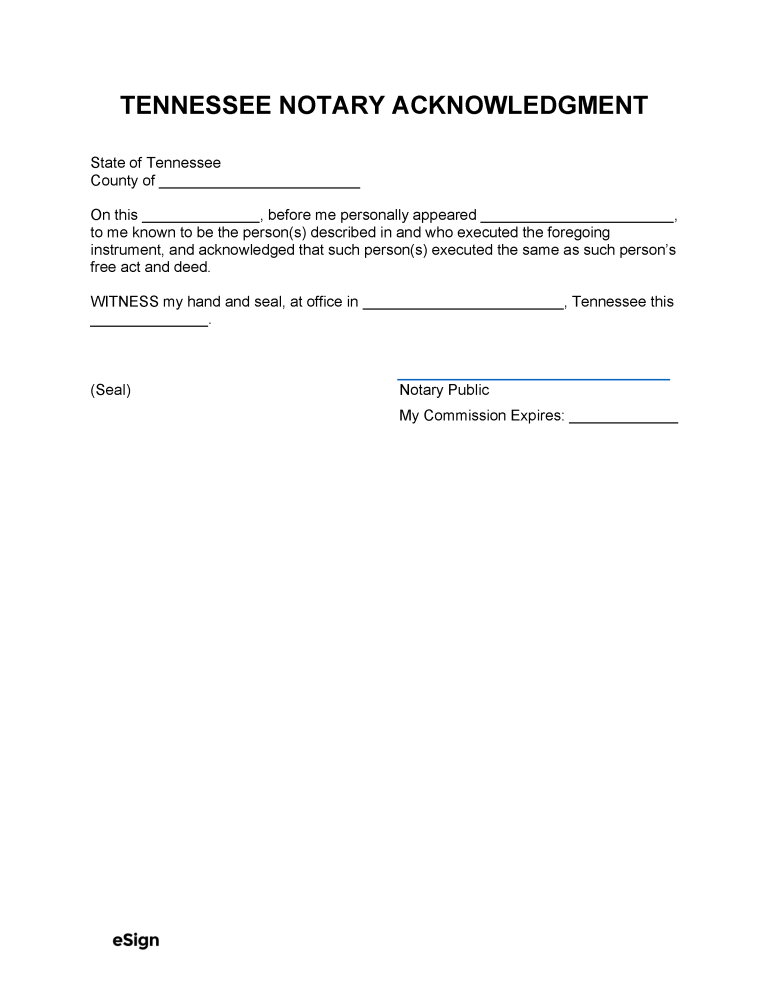 Free Tennessee Notary Acknowledgment Form 