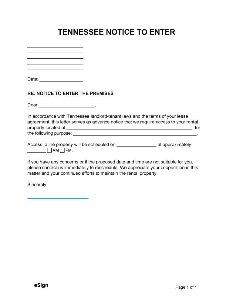 Free Tennessee Landlord Notice to Enter | PDF | Word