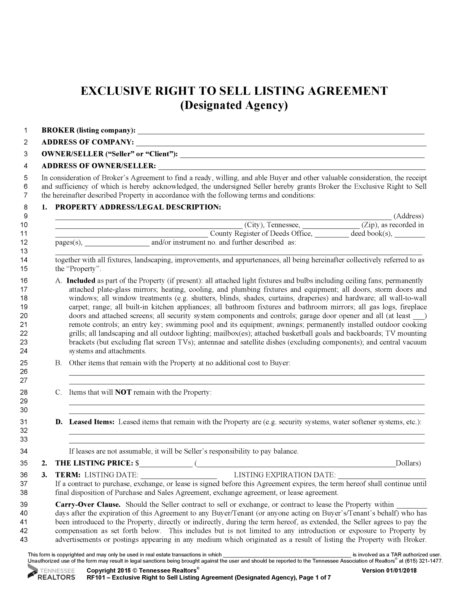 Free Tennessee Real Estate Listing Agreement PDF Word