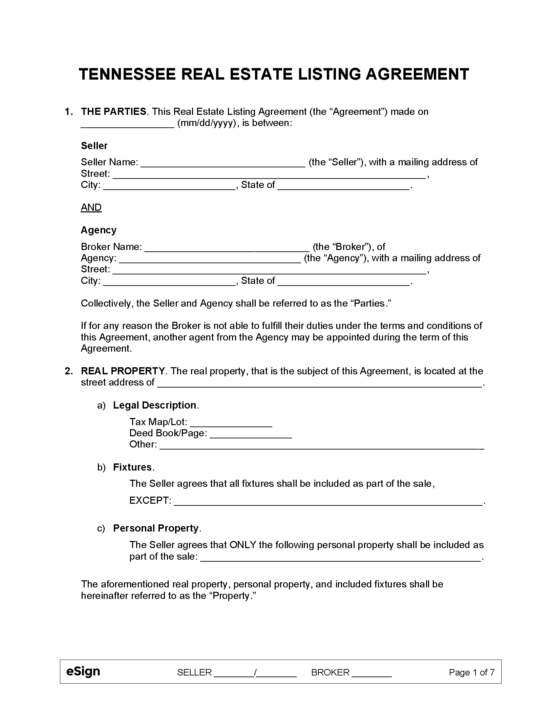 Free Tennessee Real Estate Listing Agreement PDF Word   Tennessee Real Estate Listing Agreement 550x708 