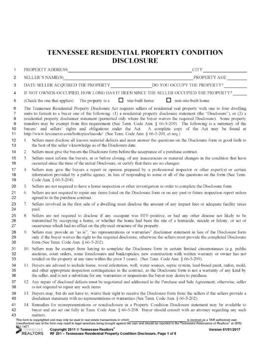 Free Tennessee Residential Purchase And Sale Agreement PDF Word   Tennessee Residential Property Condition Disclosure 550x712 