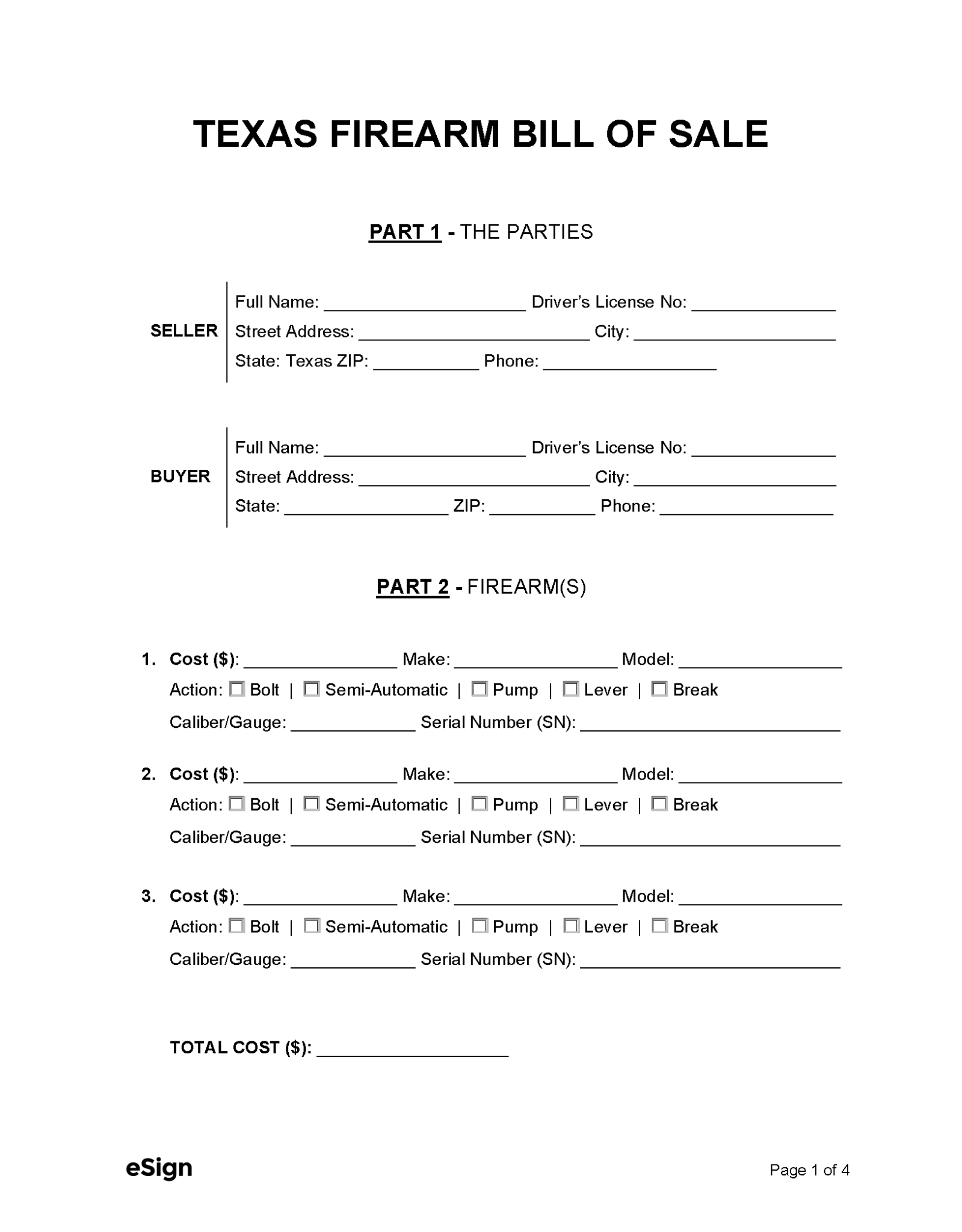 Free Texas Firearm Bill of Sale Form PDF Word