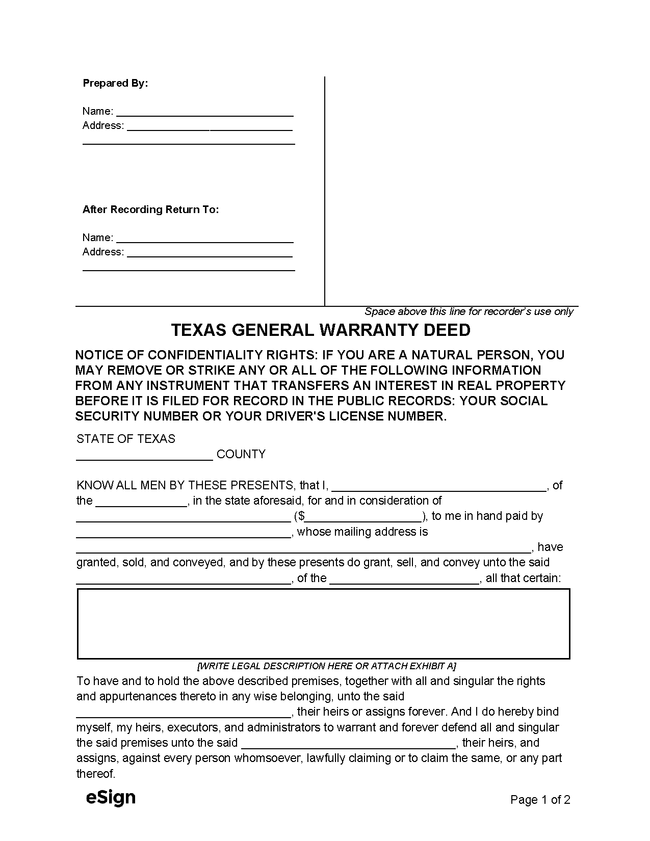Free Texas General Warranty Deed Form PDF Word