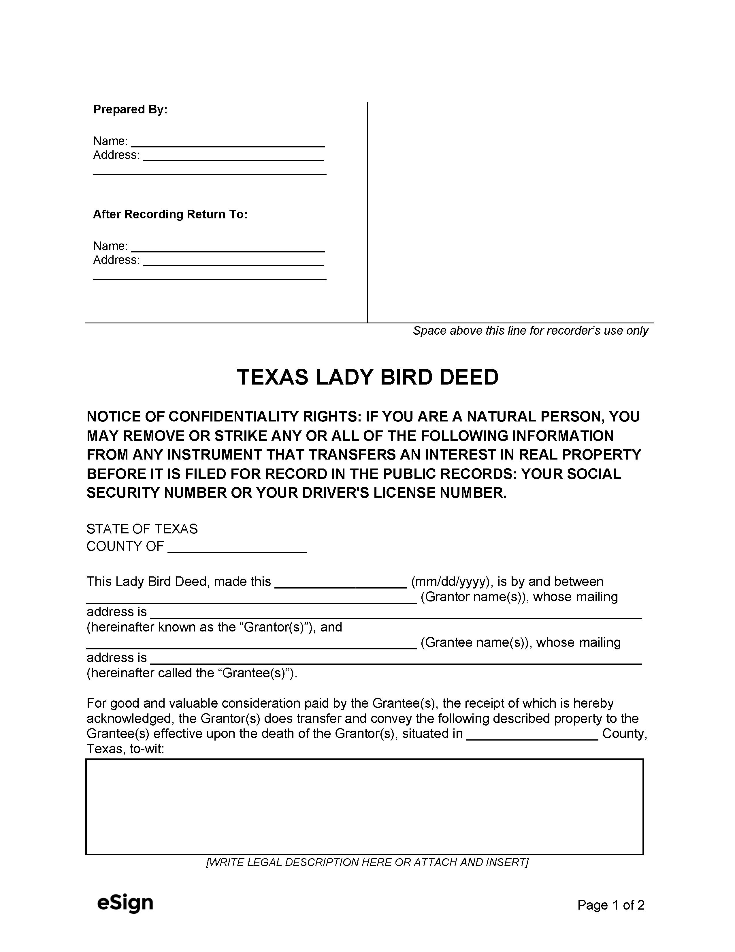 Free Texas Lady Bird Deed Form PDF Word