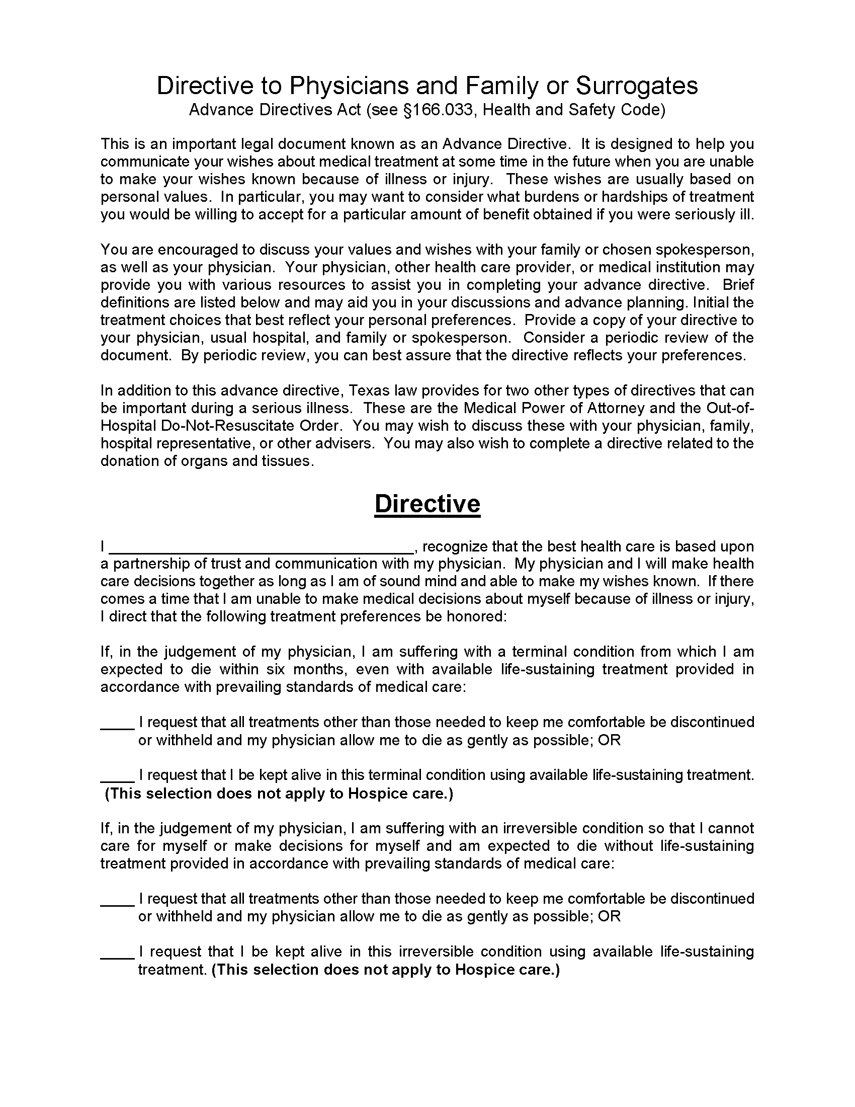 Free Texas Living Will Form PDF