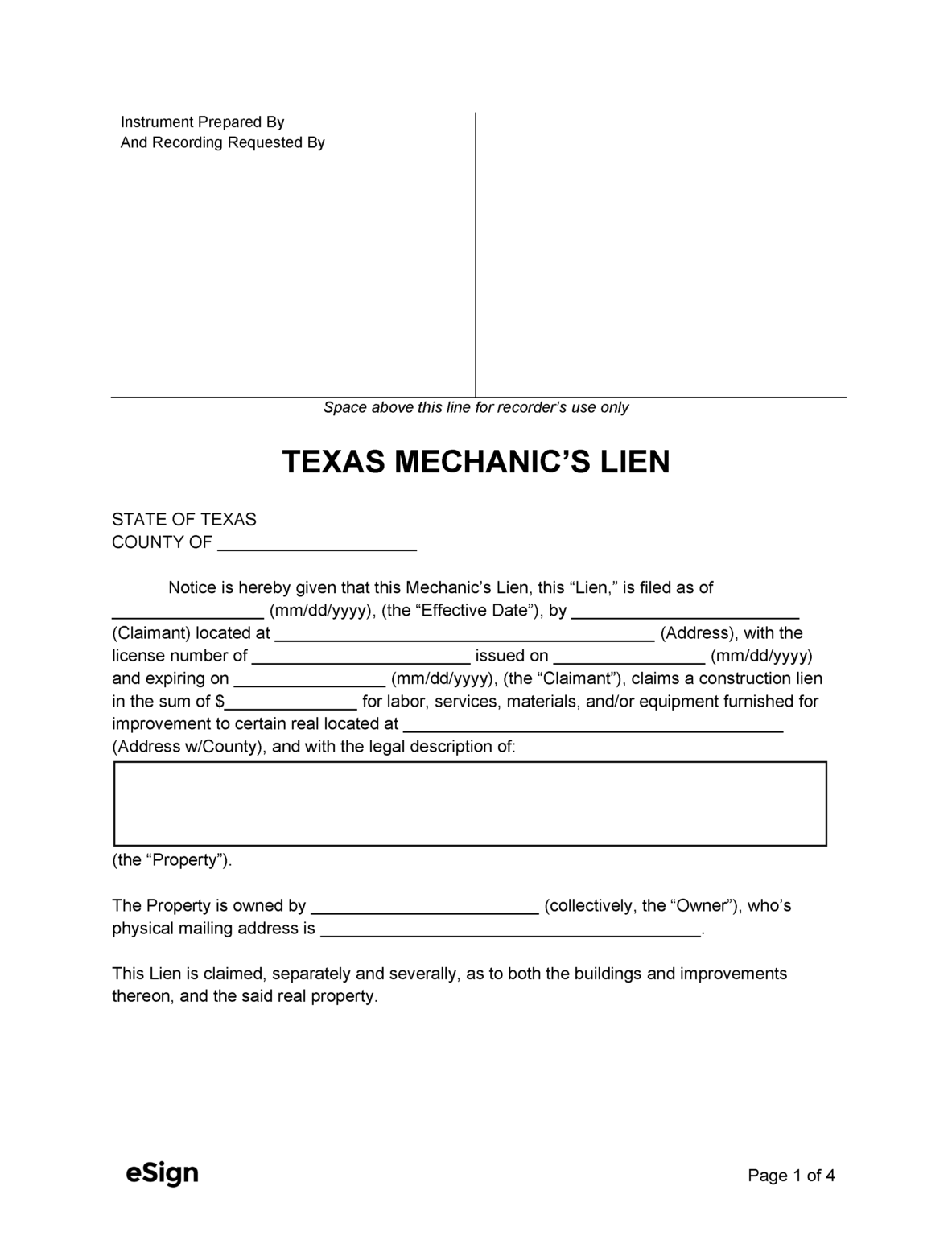 Free Texas Mechanic's Lien Form PDF Word