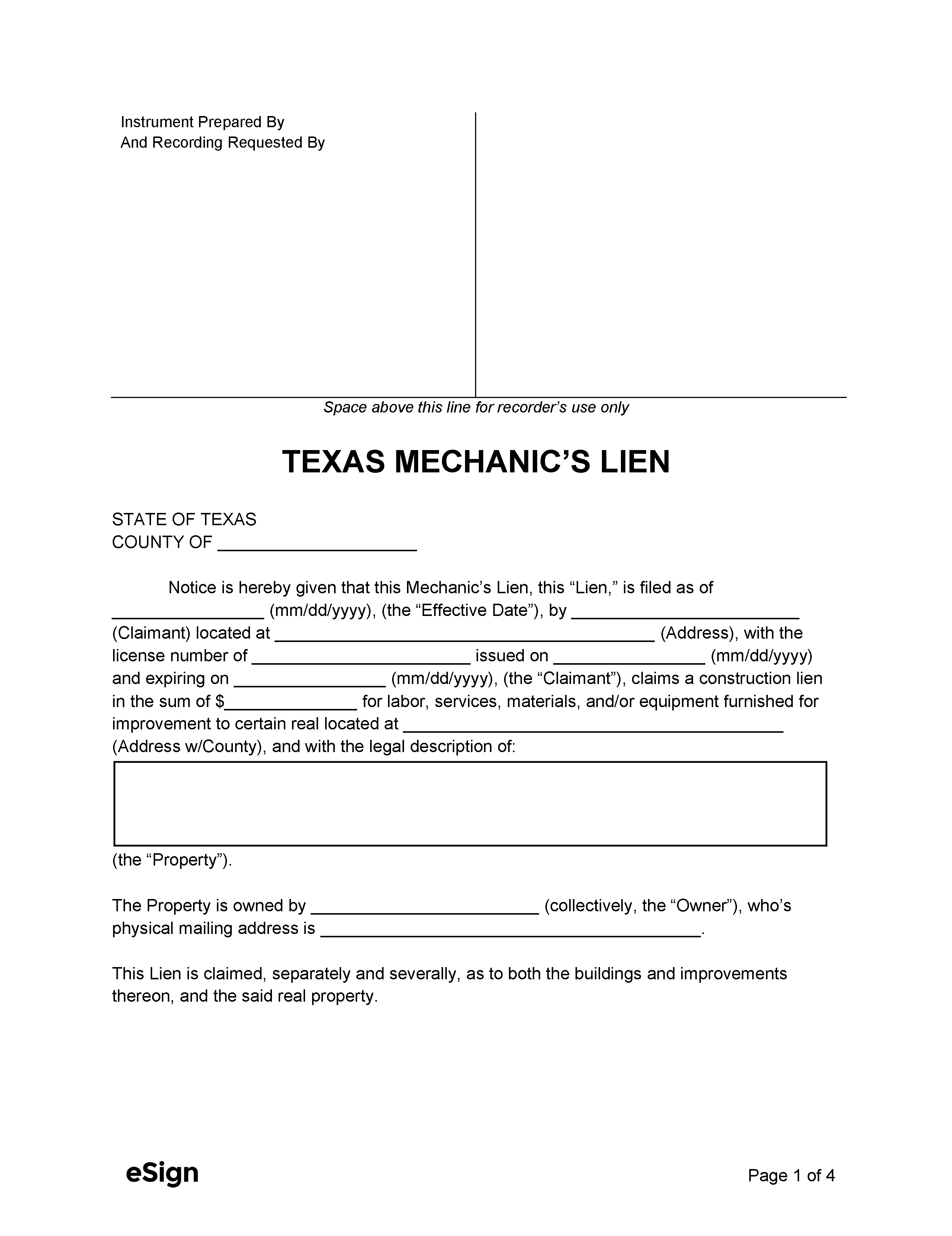 Free Texas Mechanic s Lien Form PDF Word