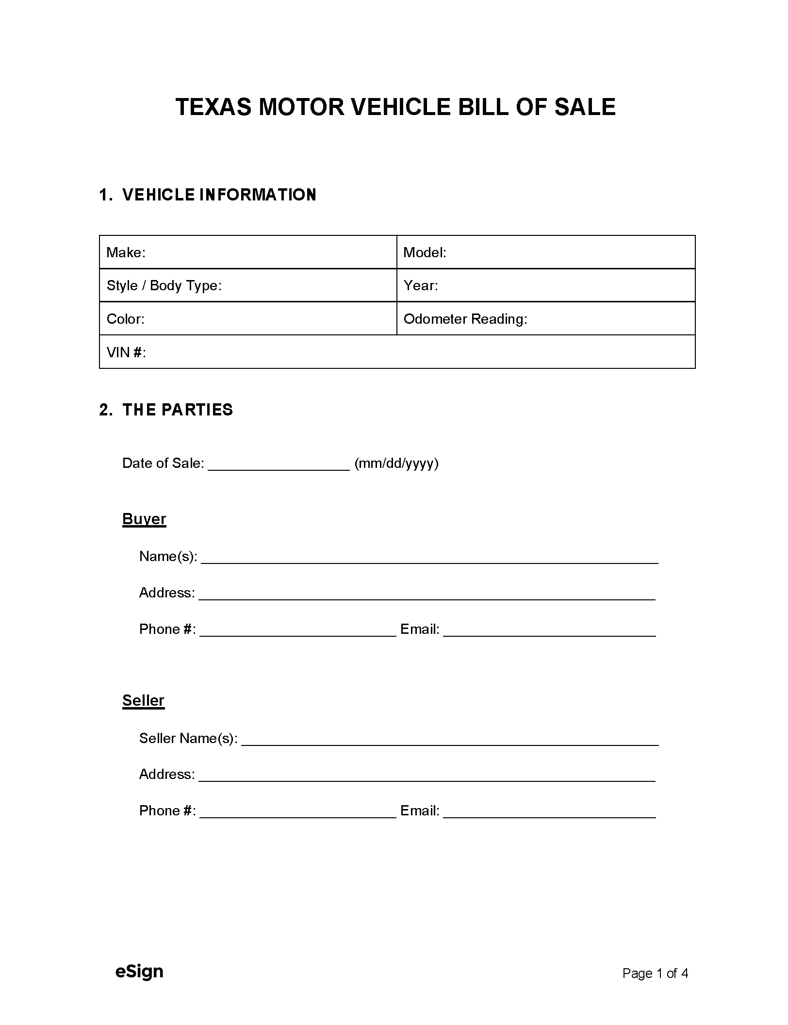 Free Texas Motor Vehicle Bill of Sale Form PDF Word